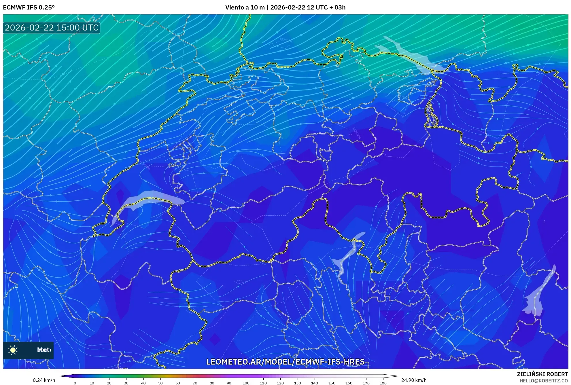 ECMWF IFS 0.25° model - Szwajcaria, Wiatr na 10 m