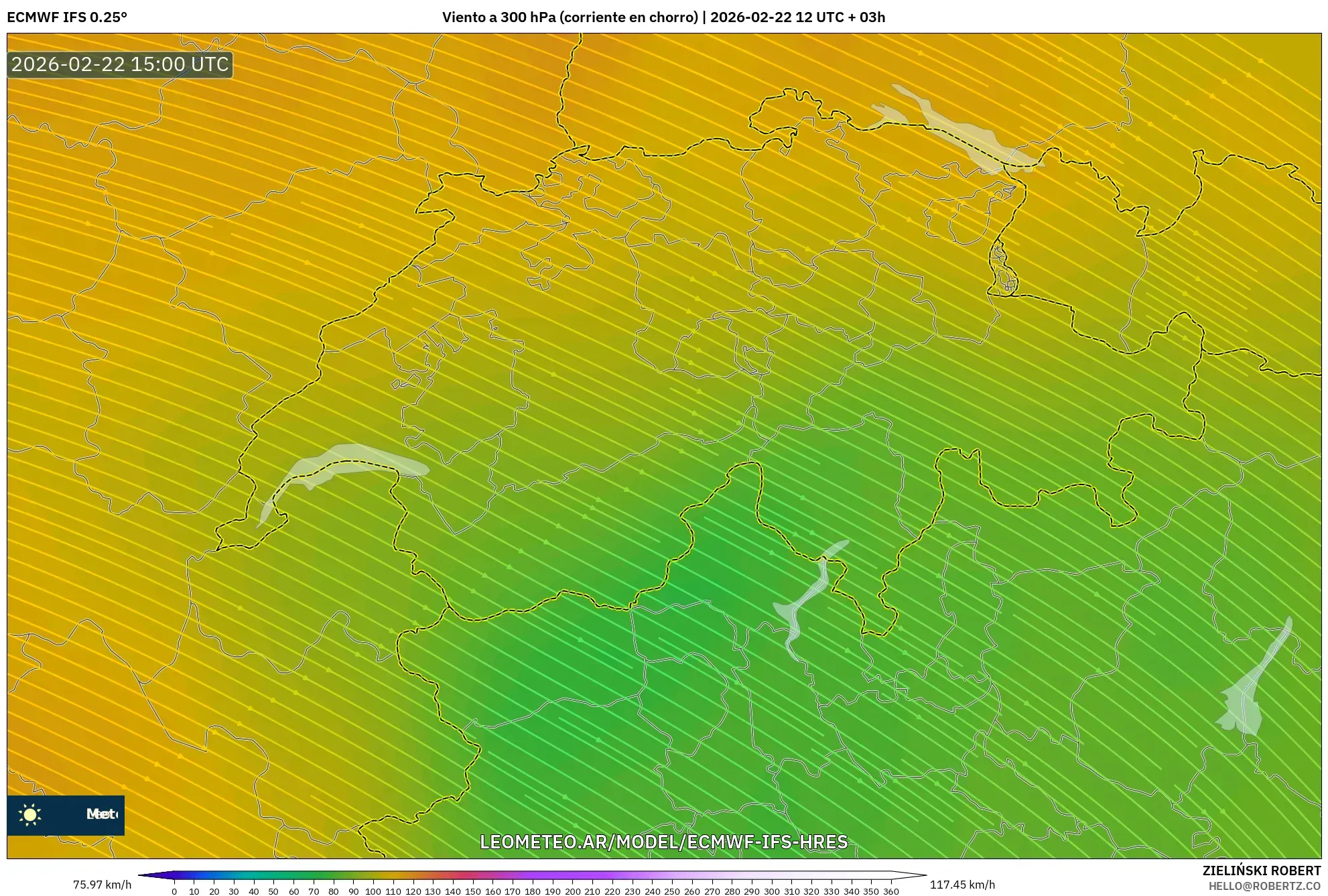 ECMWF IFS 0.25° model - Szwajcaria, Wiatr na 300 hPa (prąd strumieniowy)