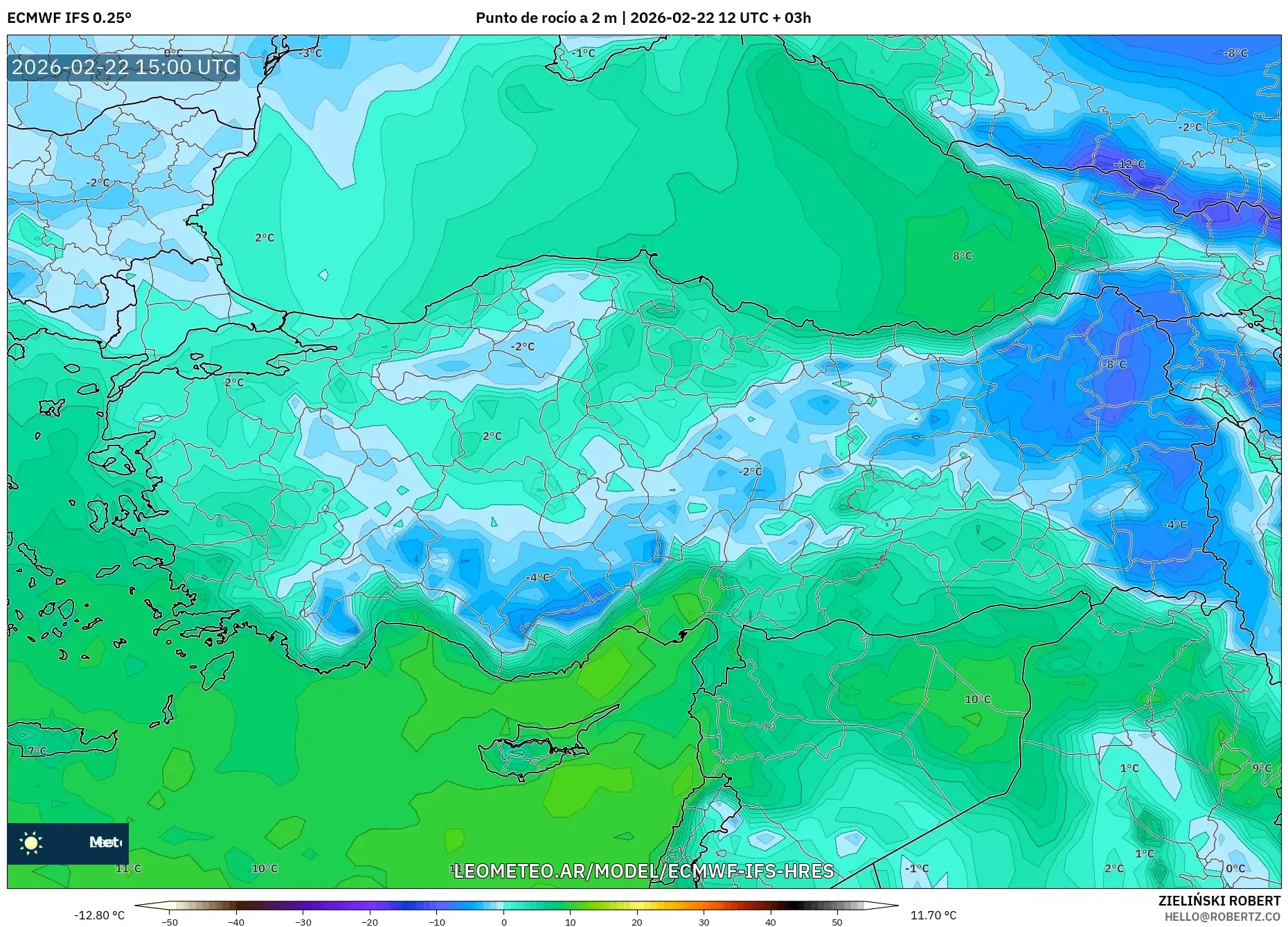 ECMWF IFS 0.25° model - Turcja, Punkt rosy na 2 m