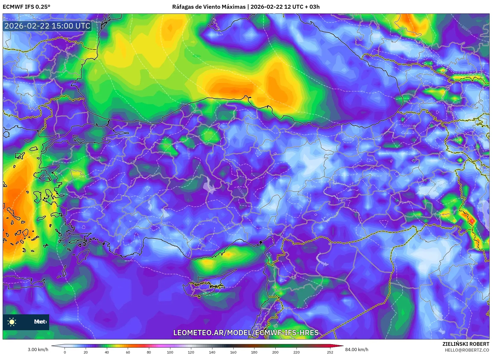 ECMWF IFS 0.25° model - Turcja, Maksymalne Porywy Wiatru