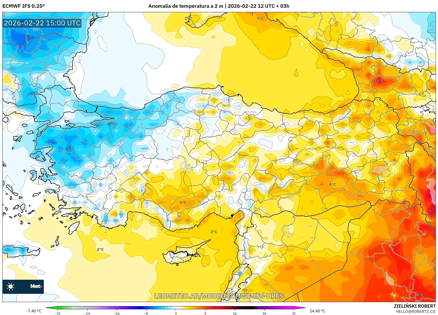 ECMWF IFS 0.25° model - Turcja, Anomalia temperatury na 2 m