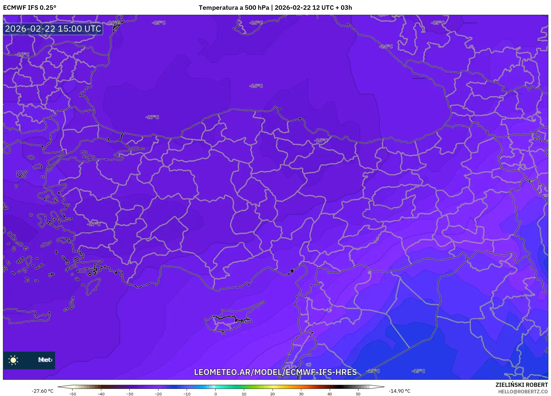 ECMWF IFS 0.25° model - Turcja, Temperatura na 500 hPa