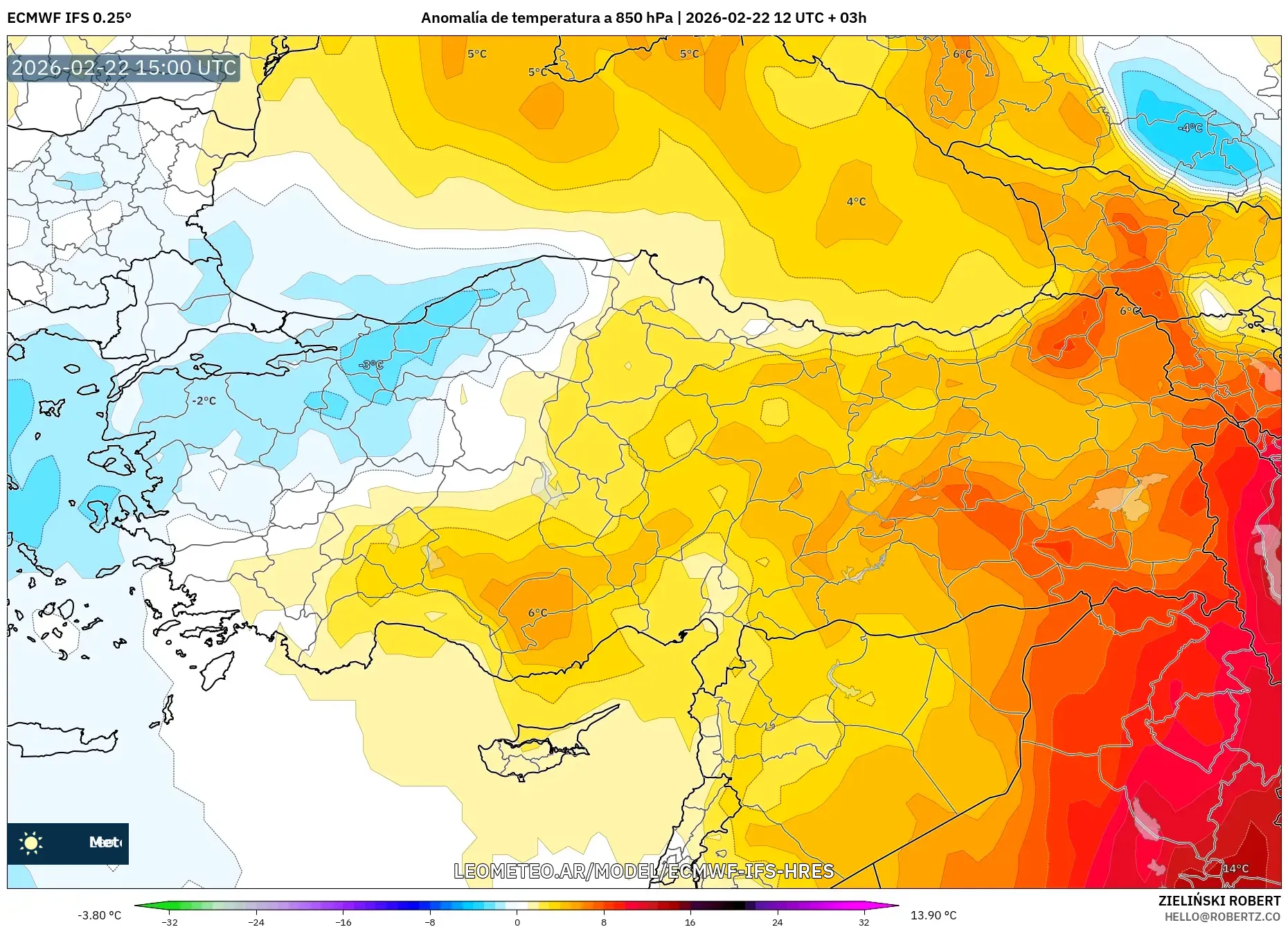 ECMWF IFS 0.25° model - Turcja, Anomalia temperatury na 850 hPa