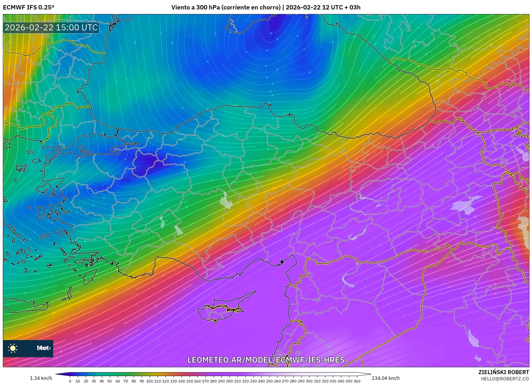 ECMWF IFS 0.25° model - Turcja, Wiatr na 300 hPa (prąd strumieniowy)