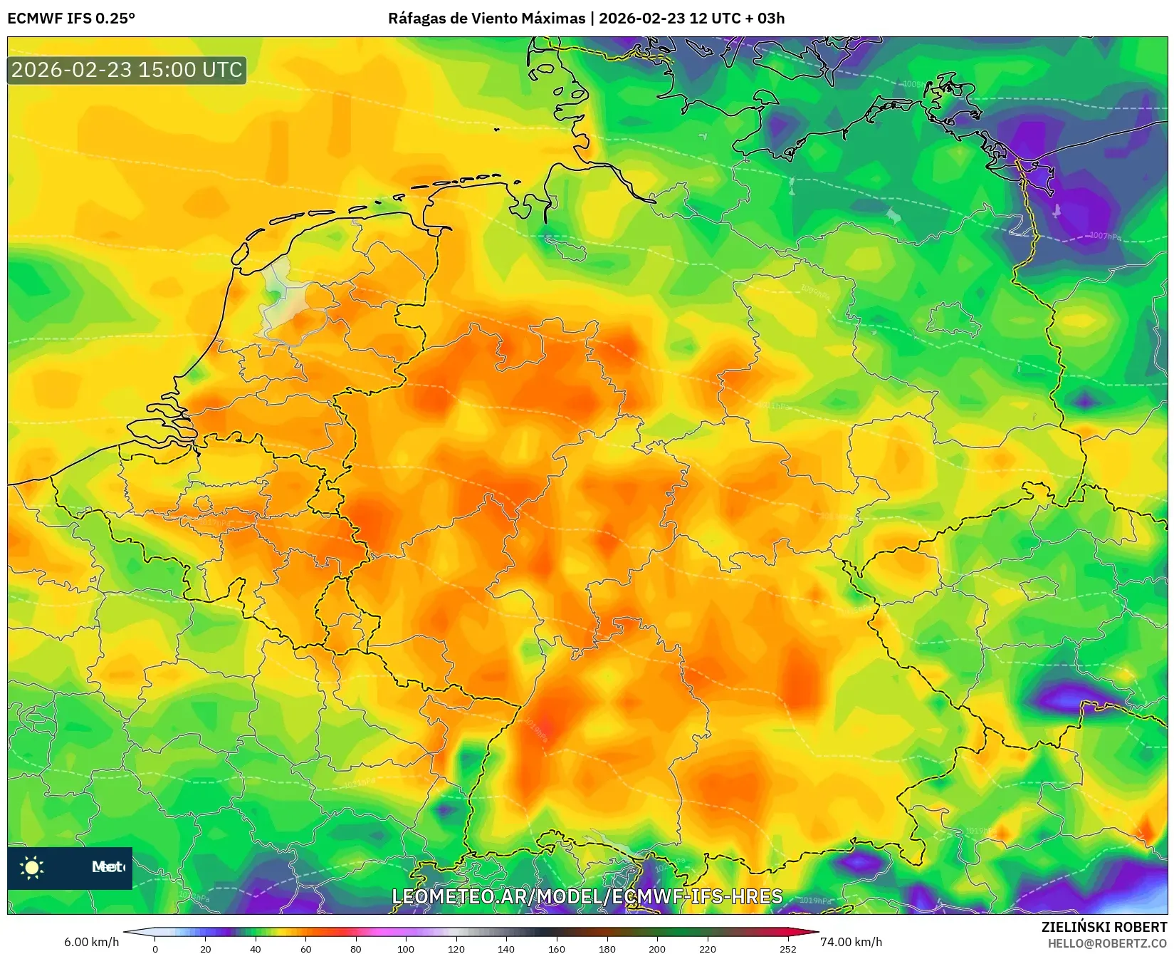 ECMWF IFS 0.25° model - Alemania, Ráfagas de Viento Máximas