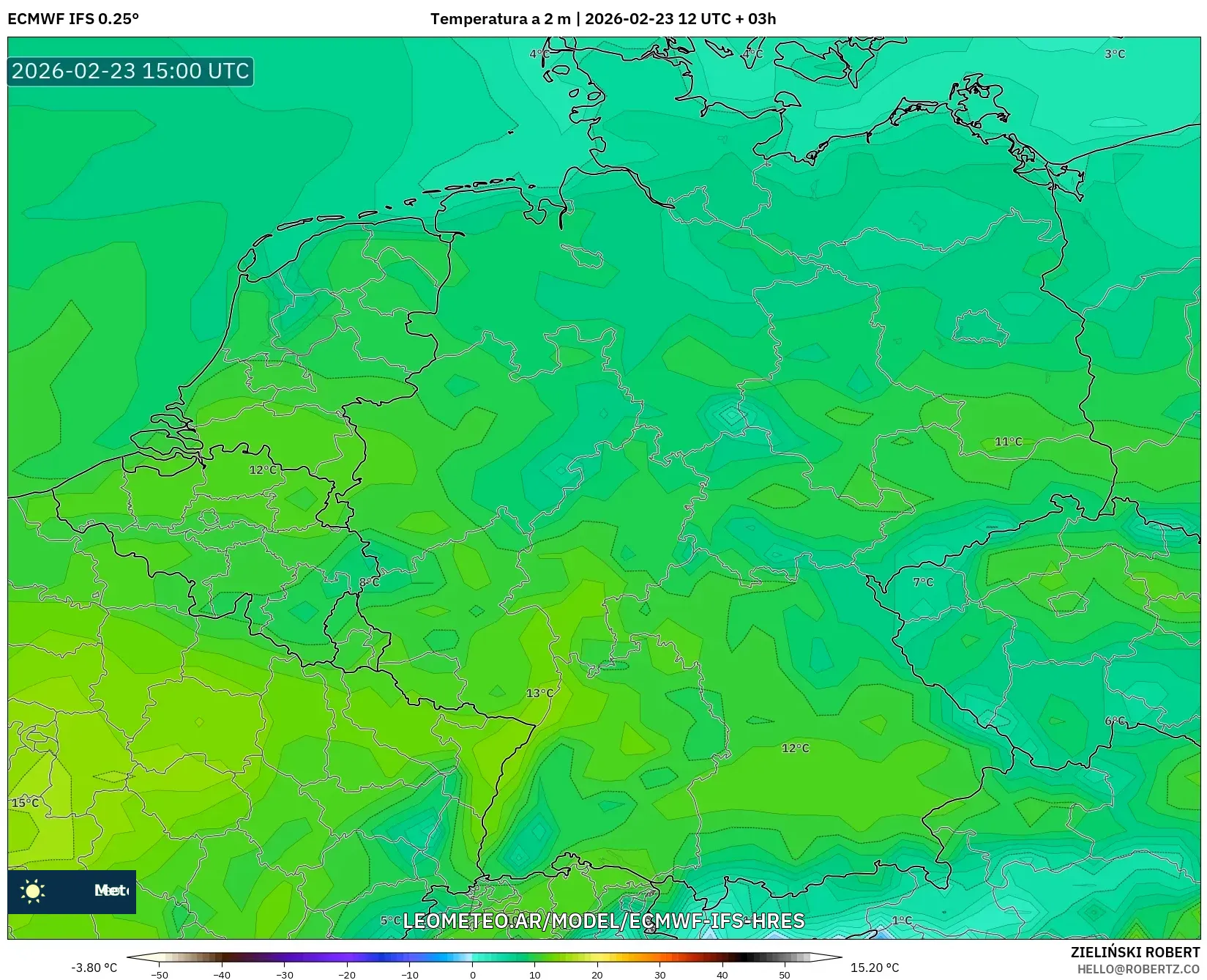 ECMWF IFS 0.25° model - Alemania, Temperatura a 2 m