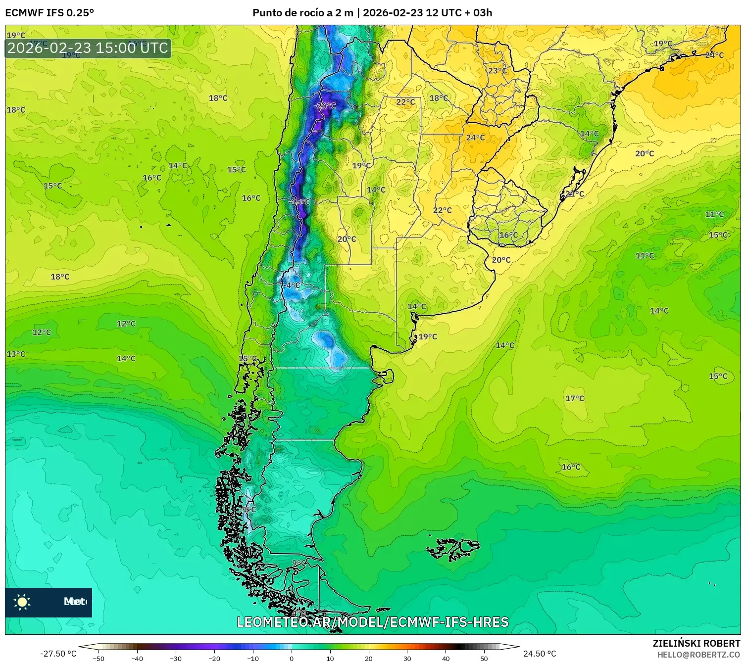 ECMWF IFS 0.25° model - Argentina, Punto de rocío a 2 m