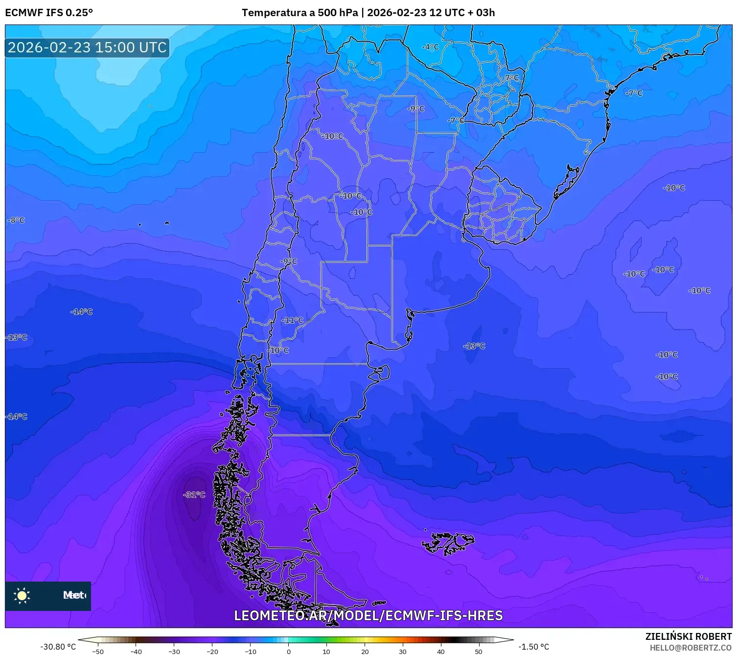 ECMWF IFS 0.25° model - Argentina, Temperatura a 500 hPa