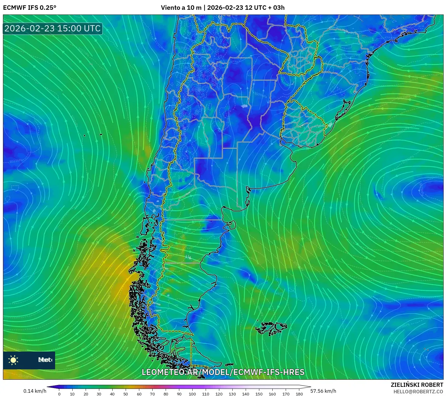 ECMWF IFS 0.25° model - Argentina, Viento a 10 m