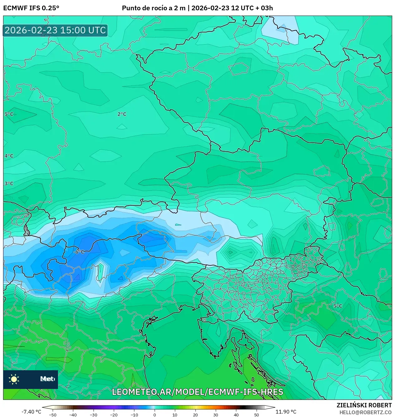 ECMWF IFS 0.25° model - Austria, Punto de rocío a 2 m