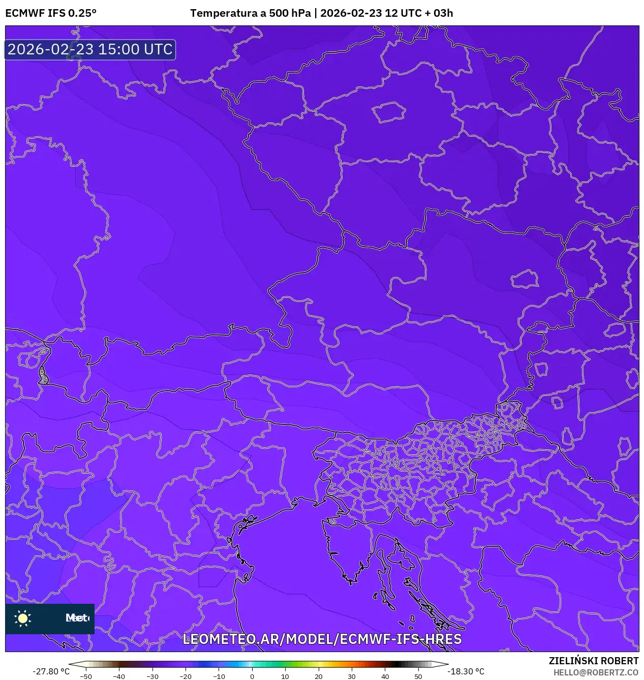 ECMWF IFS 0.25° model - Austria, Temperatura a 500 hPa