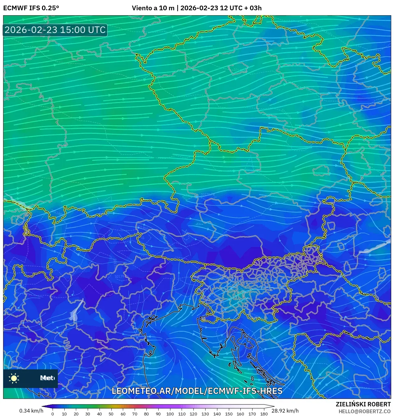 ECMWF IFS 0.25° model - Austria, Viento a 10 m