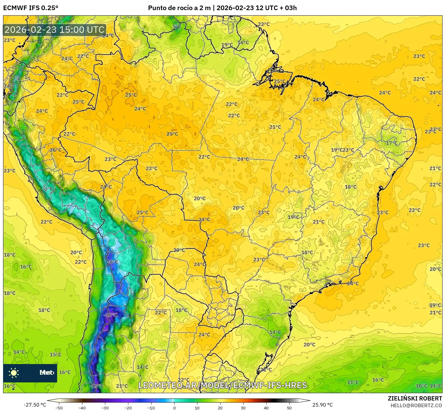 ECMWF IFS 0.25° model - Brasil, Punto de rocío a 2 m