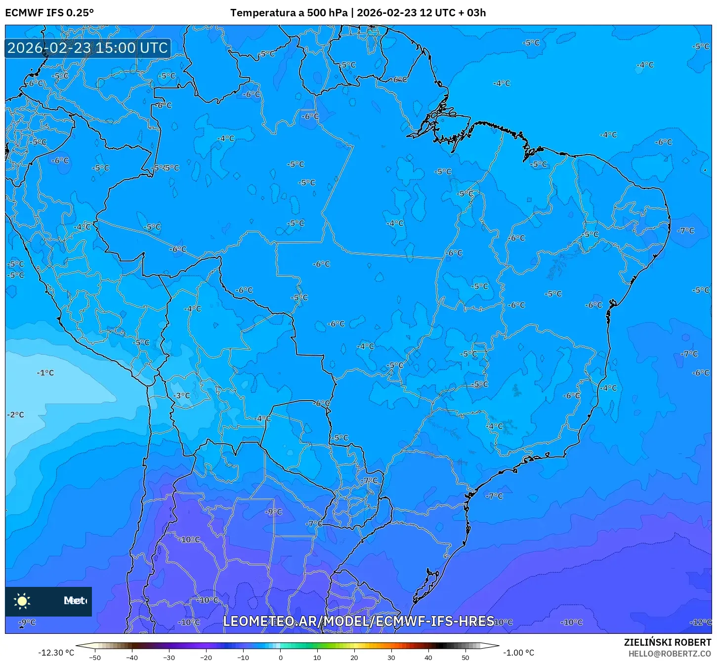 ECMWF IFS 0.25° model - Brasil, Temperatura a 500 hPa