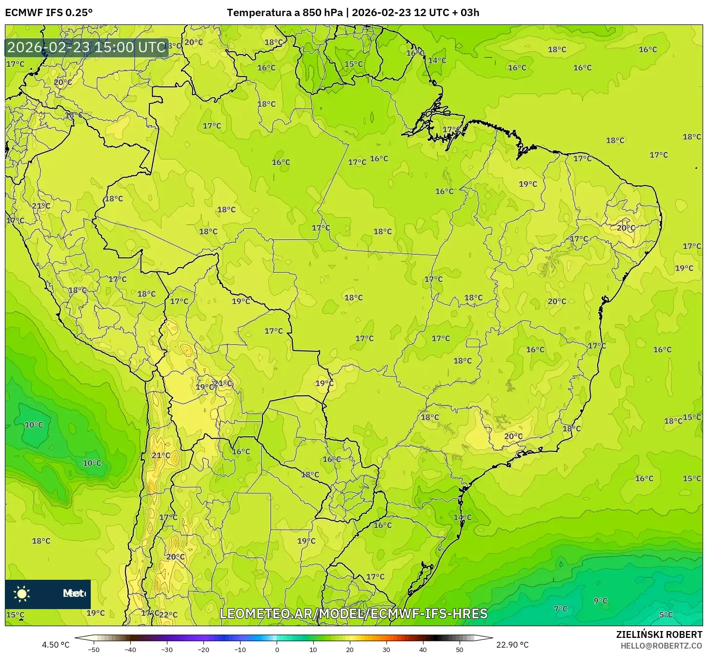 ECMWF IFS 0.25° model - Brasil, Temperatura a 850 hPa