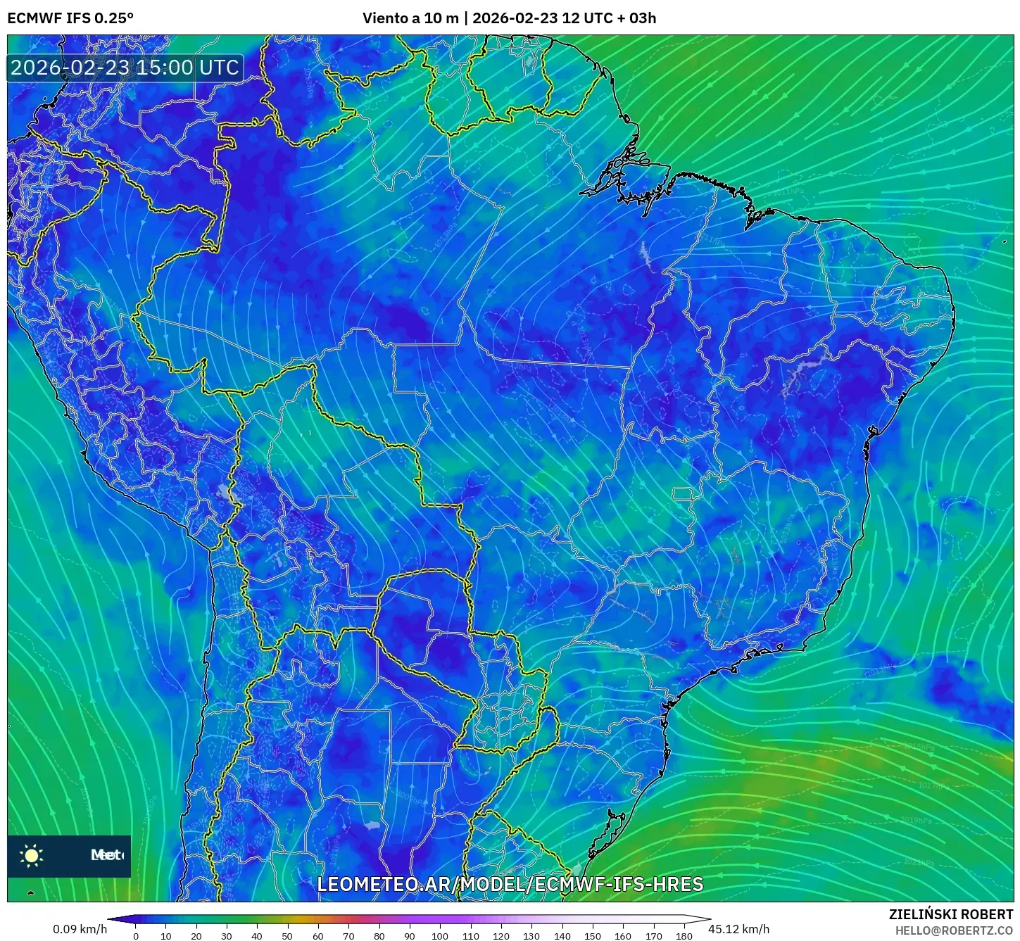 ECMWF IFS 0.25° model - Brasil, Viento a 10 m