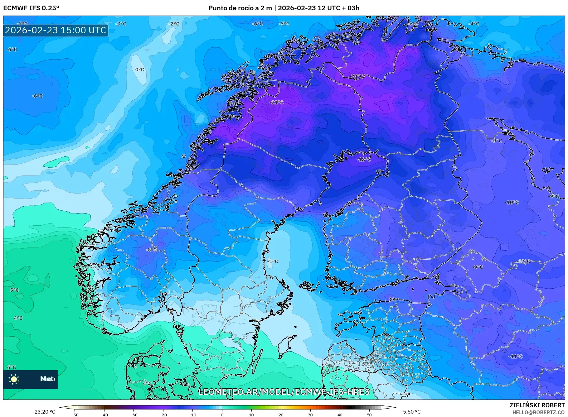 ECMWF IFS 0.25° model - Escandinavia, Punto de rocío a 2 m