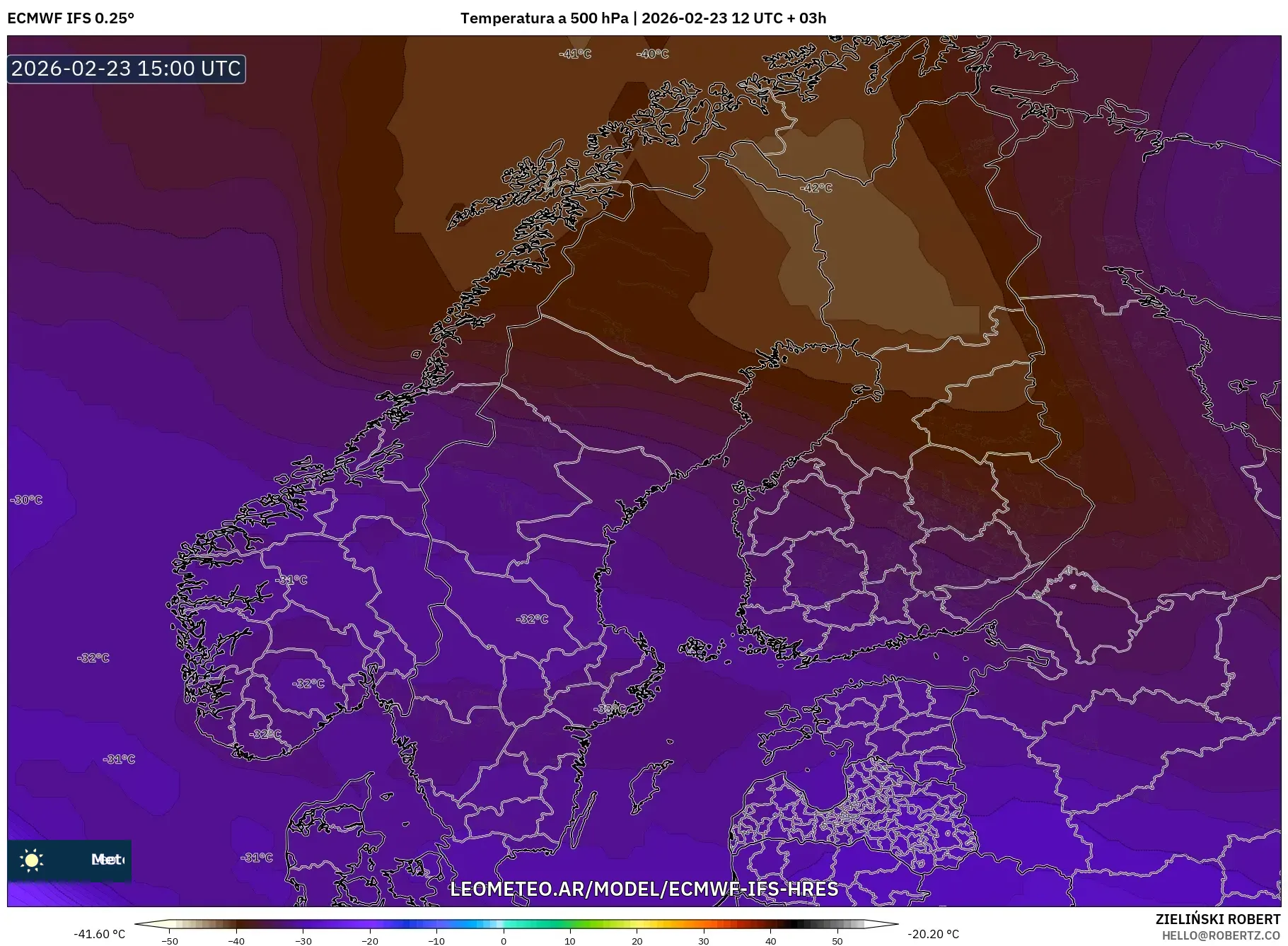ECMWF IFS 0.25° model - Escandinavia, Temperatura a 500 hPa