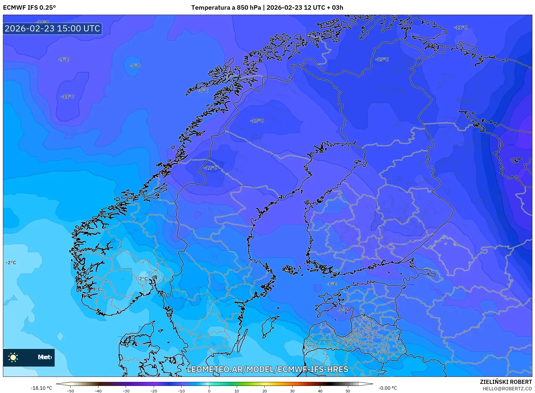 ECMWF IFS 0.25° model - Escandinavia, Temperatura a 850 hPa