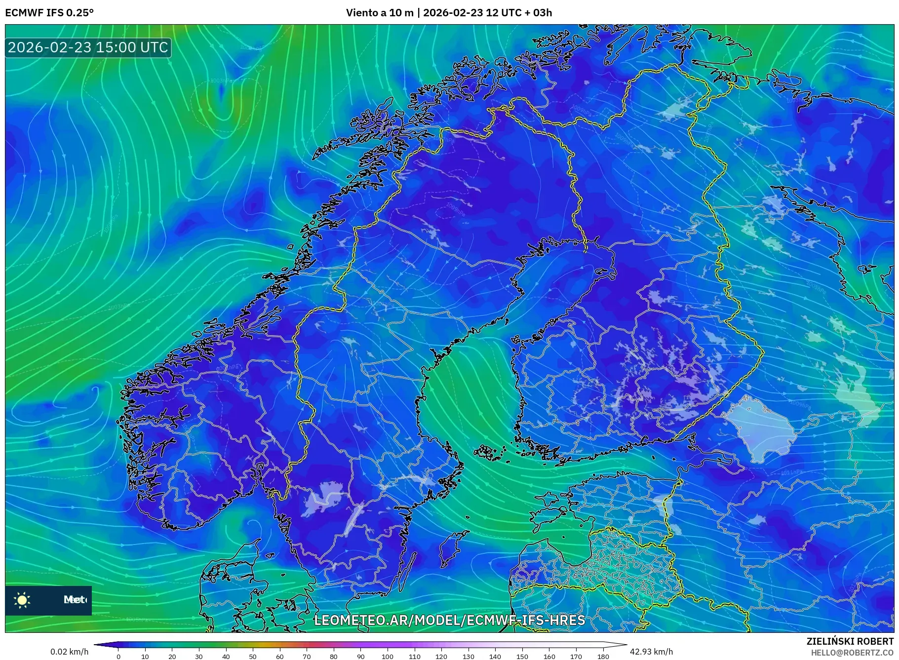 ECMWF IFS 0.25° model - Escandinavia, Viento a 10 m