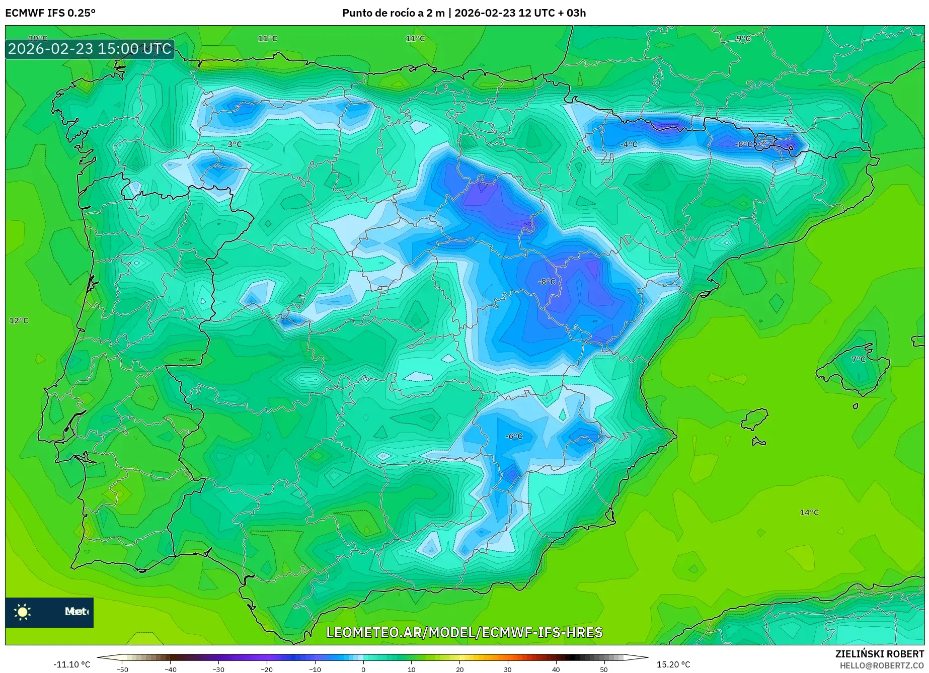 ECMWF IFS 0.25° model - España, Punto de rocío a 2 m