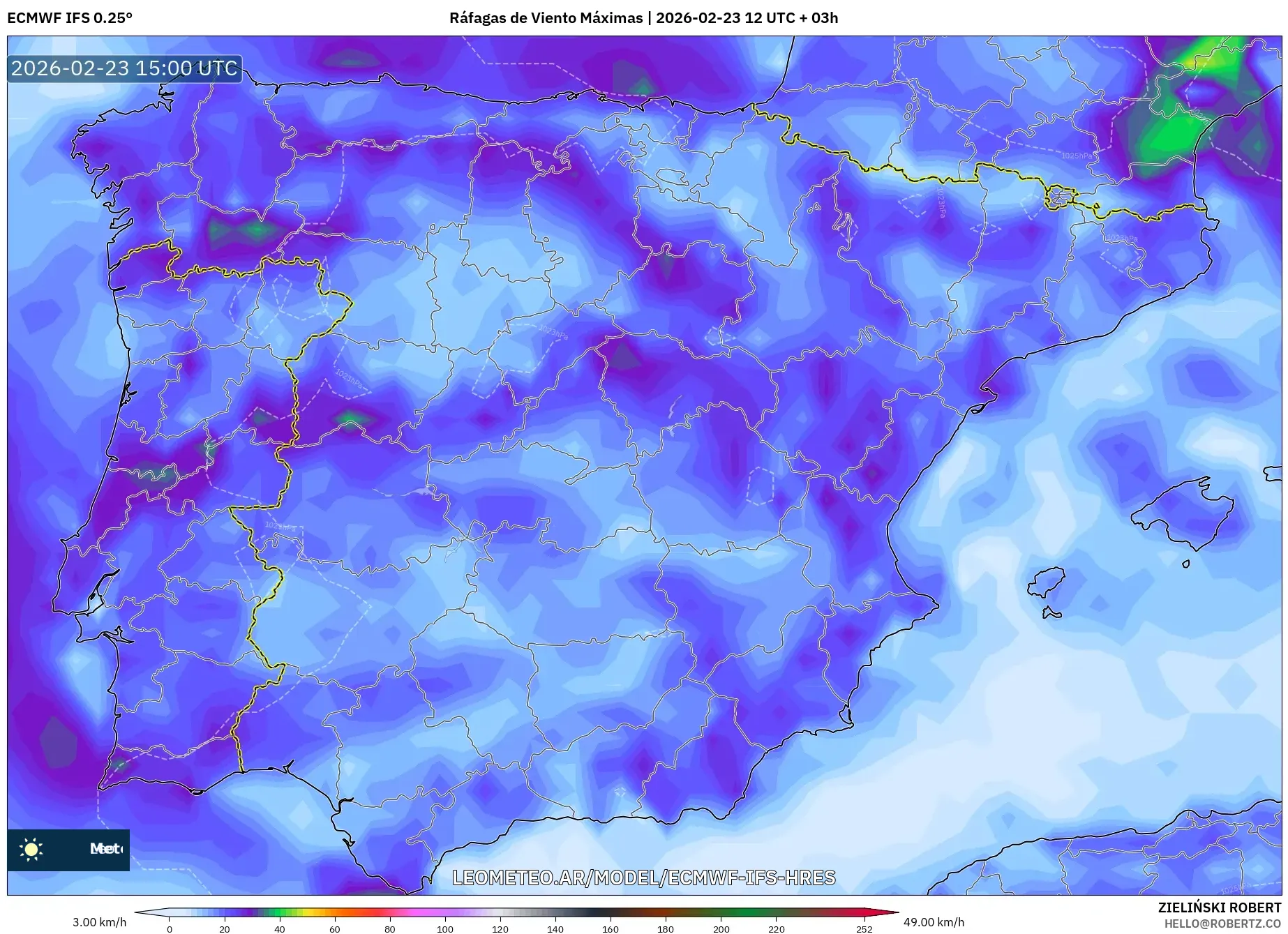 ECMWF IFS 0.25° model - España, Ráfagas de Viento Máximas