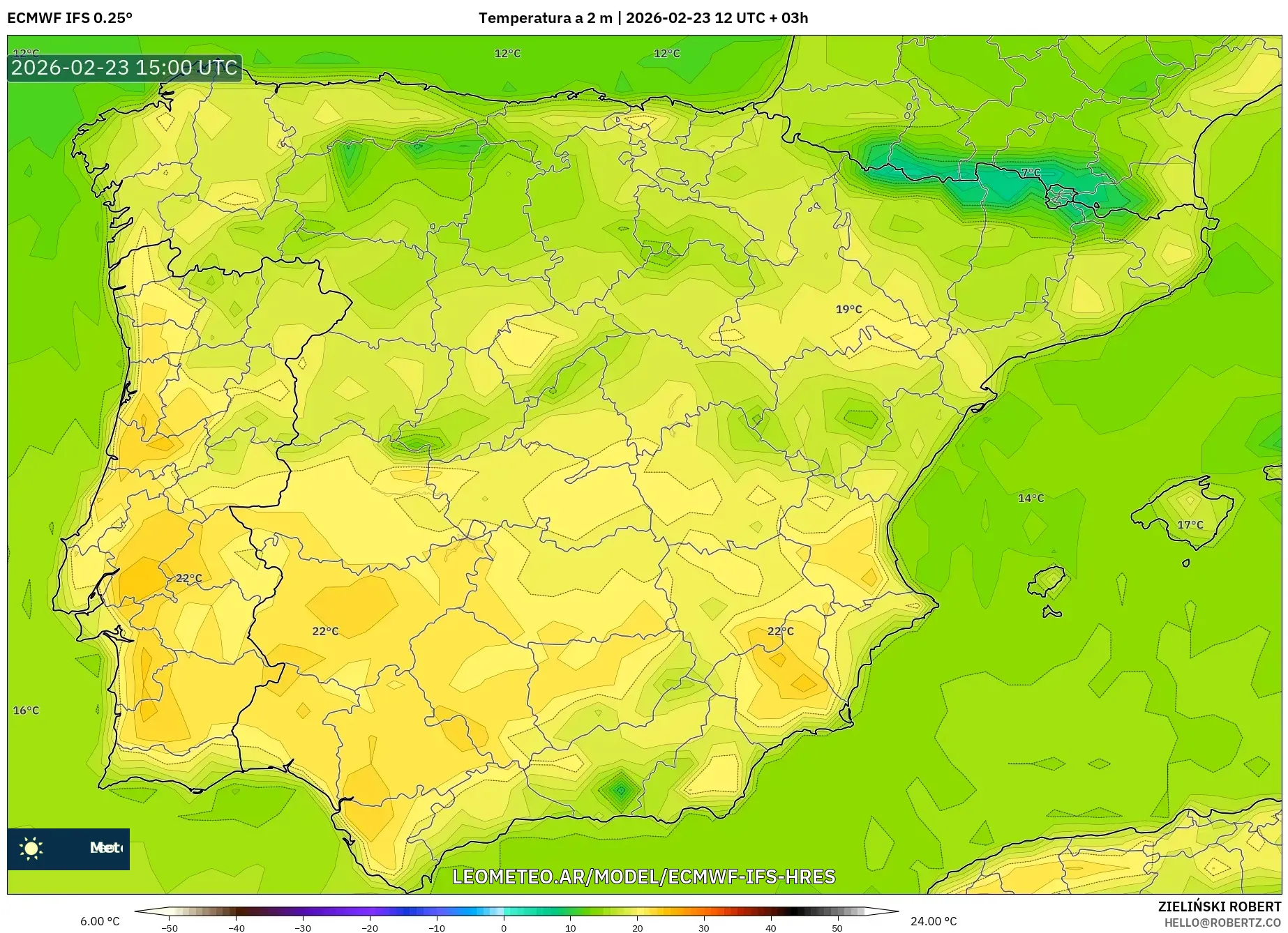 ECMWF IFS 0.25° model - España, Temperatura a 2 m