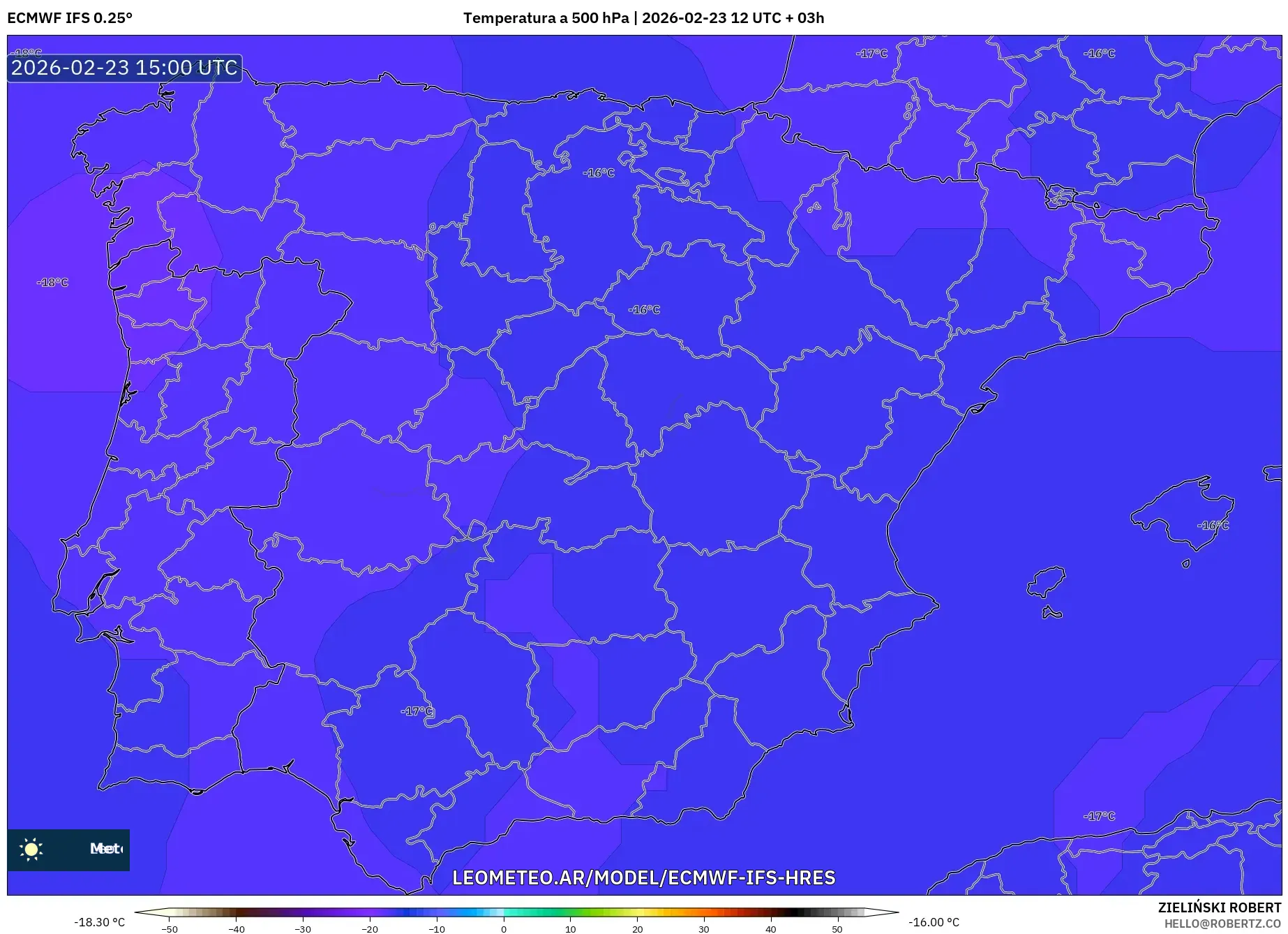 ECMWF IFS 0.25° model - España, Temperatura a 500 hPa