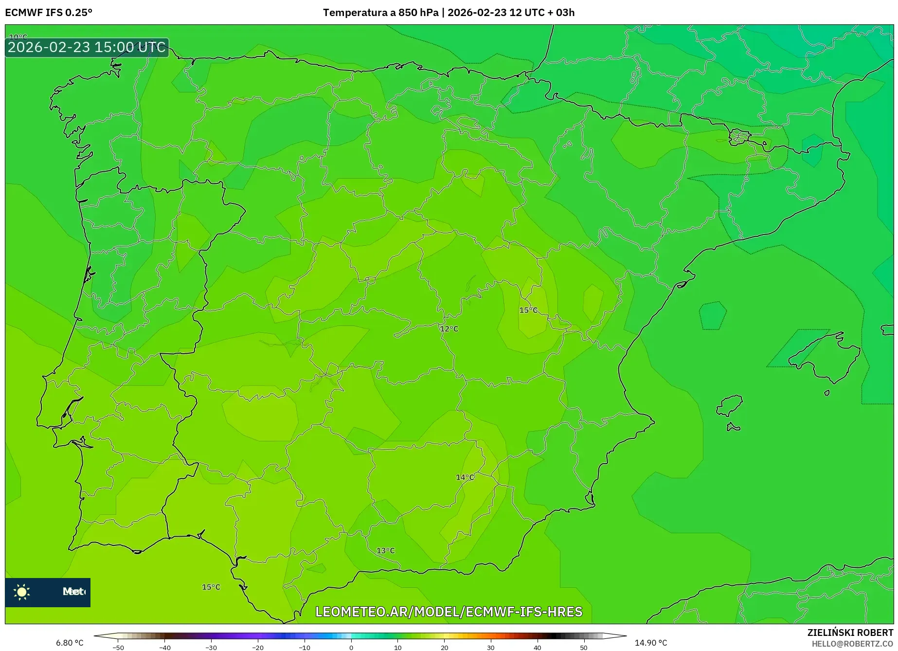ECMWF IFS 0.25° model - España, Temperatura a 850 hPa