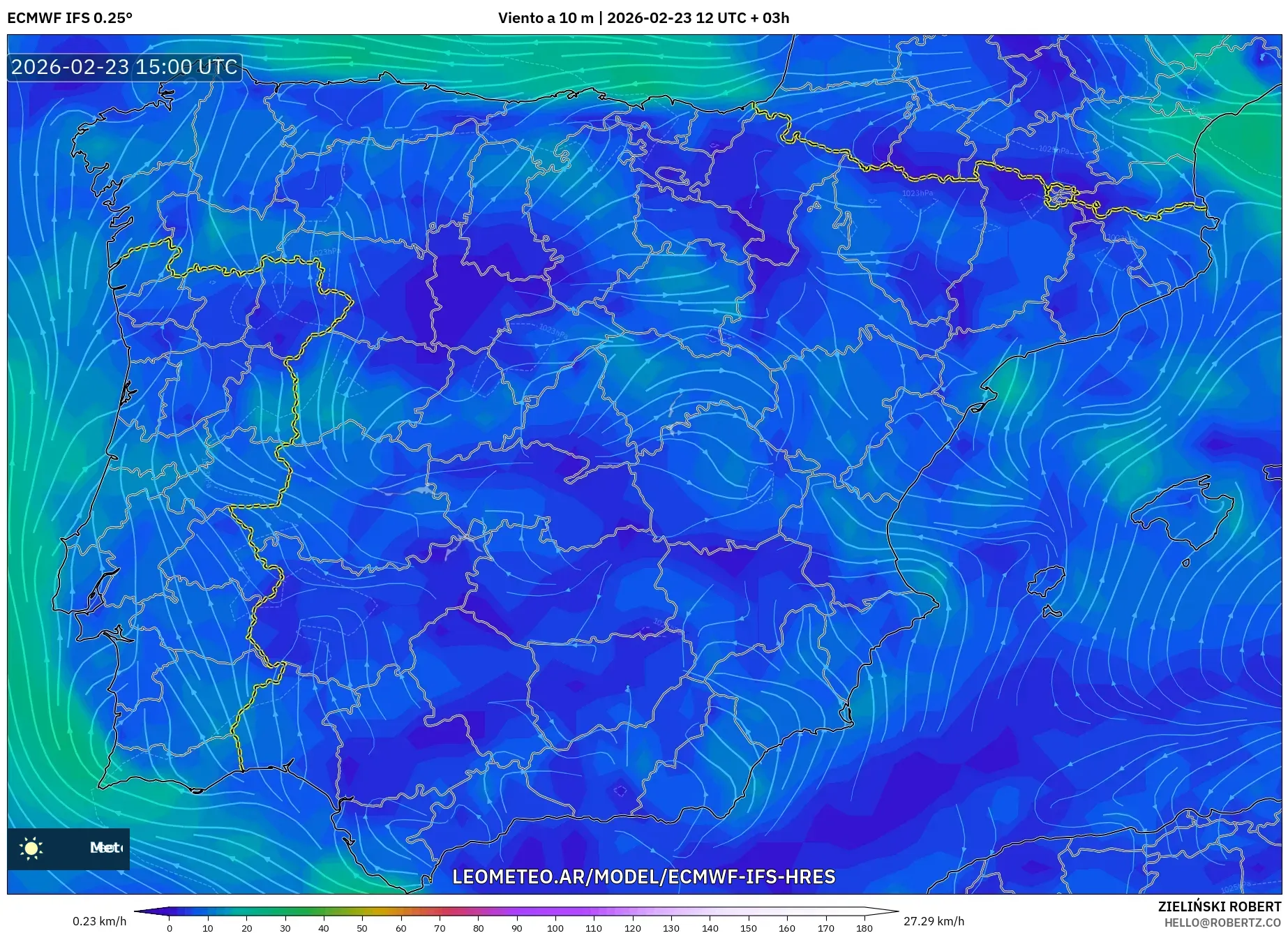 ECMWF IFS 0.25° model - España, Viento a 10 m