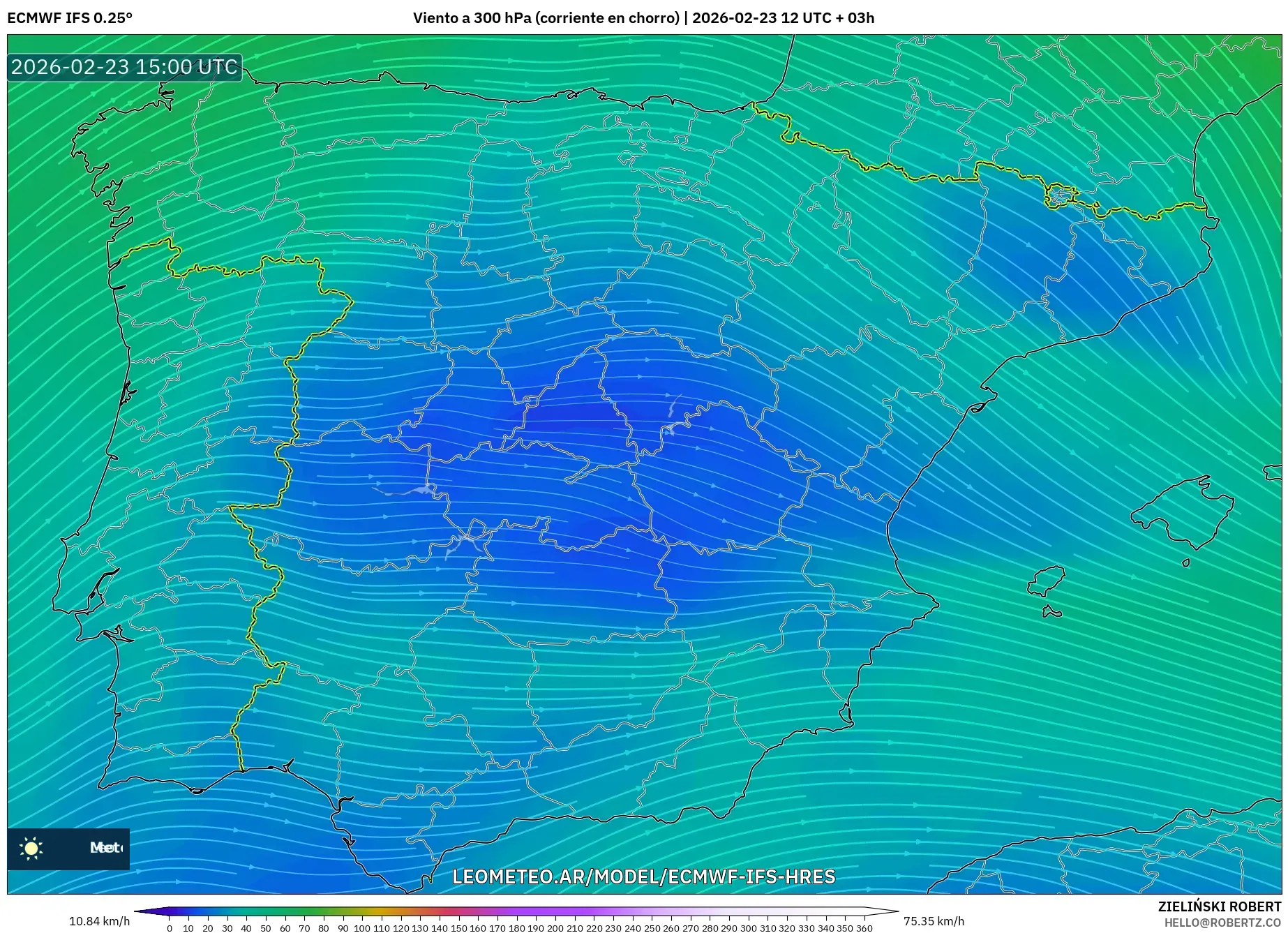 ECMWF IFS 0.25° model - España, Viento a 300 hPa (corriente en chorro)