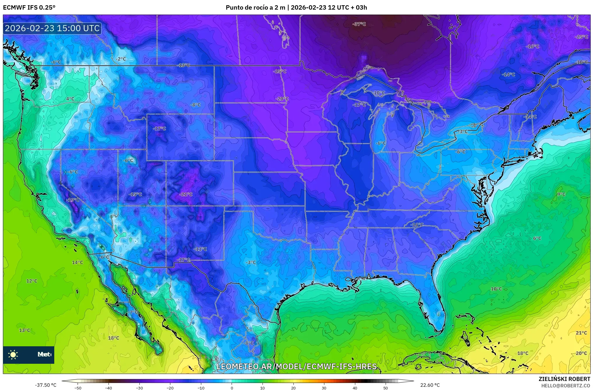 ECMWF IFS 0.25° model - Estados Unidos, Punto de rocío a 2 m
