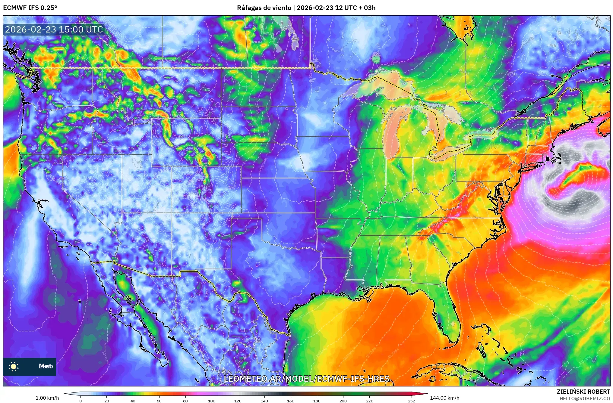 ECMWF IFS 0.25° model - Estados Unidos, Ráfagas de viento