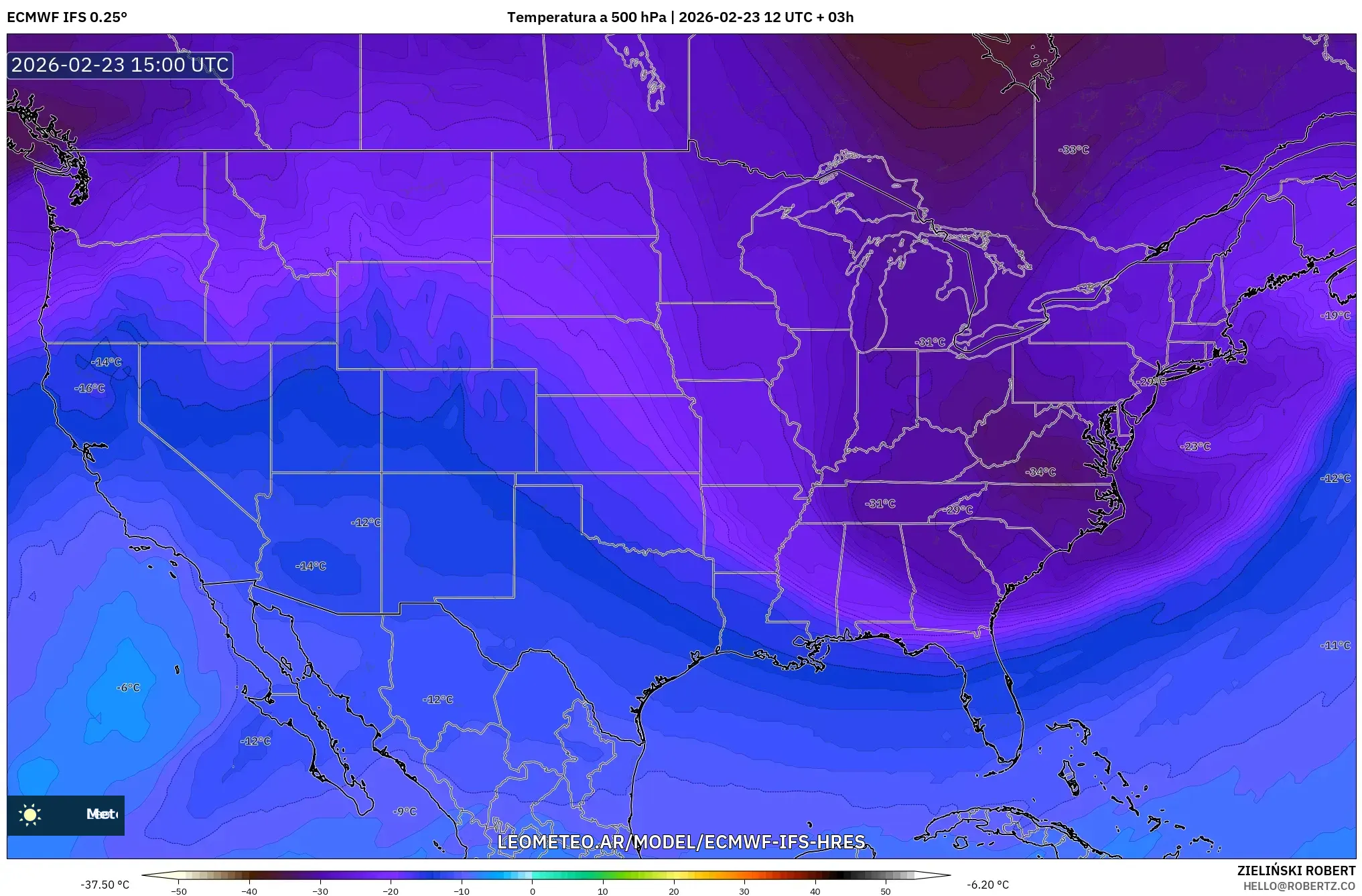 ECMWF IFS 0.25° model - Estados Unidos, Temperatura a 500 hPa