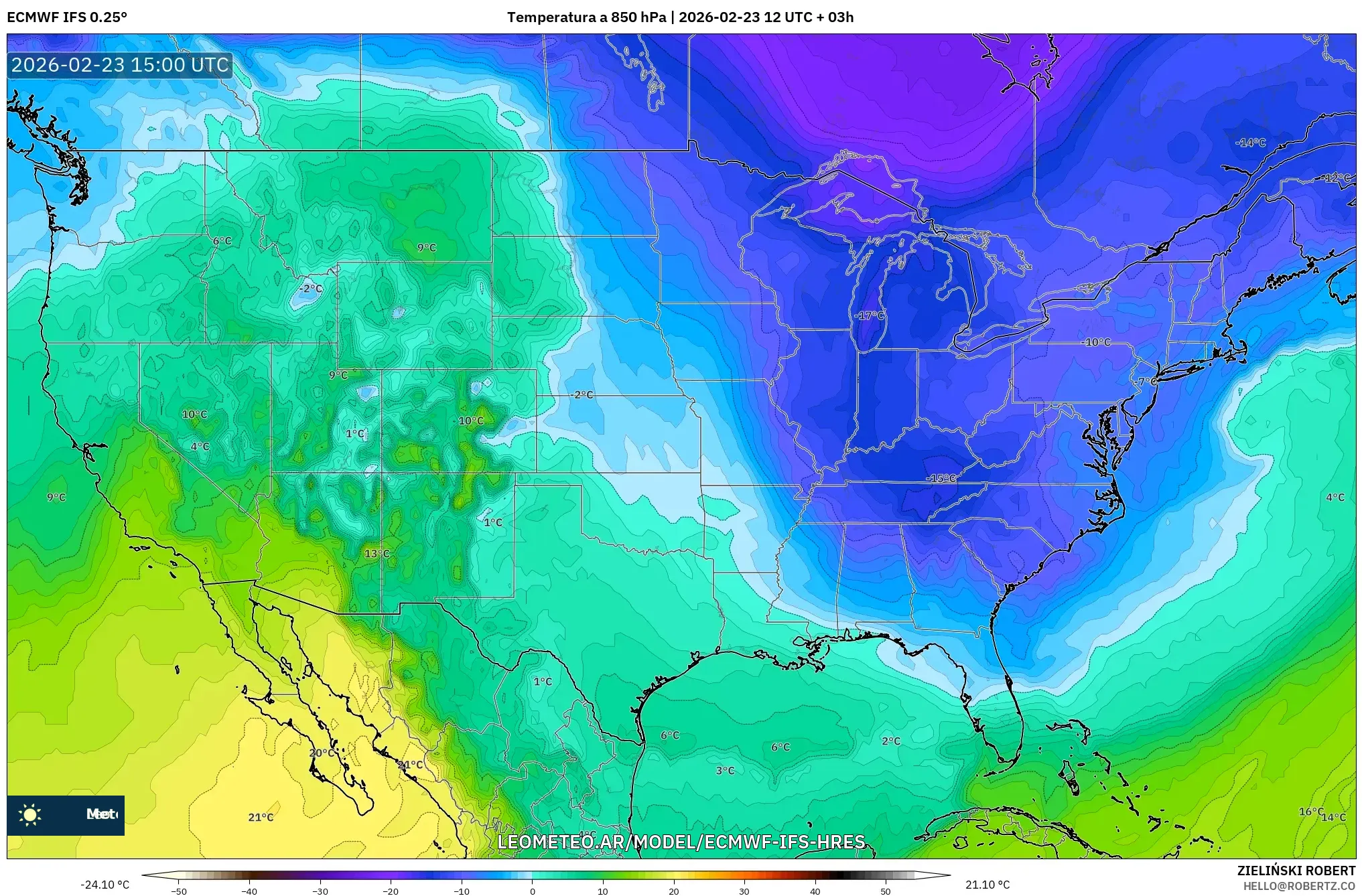 ECMWF IFS 0.25° model - Estados Unidos, Temperatura a 850 hPa