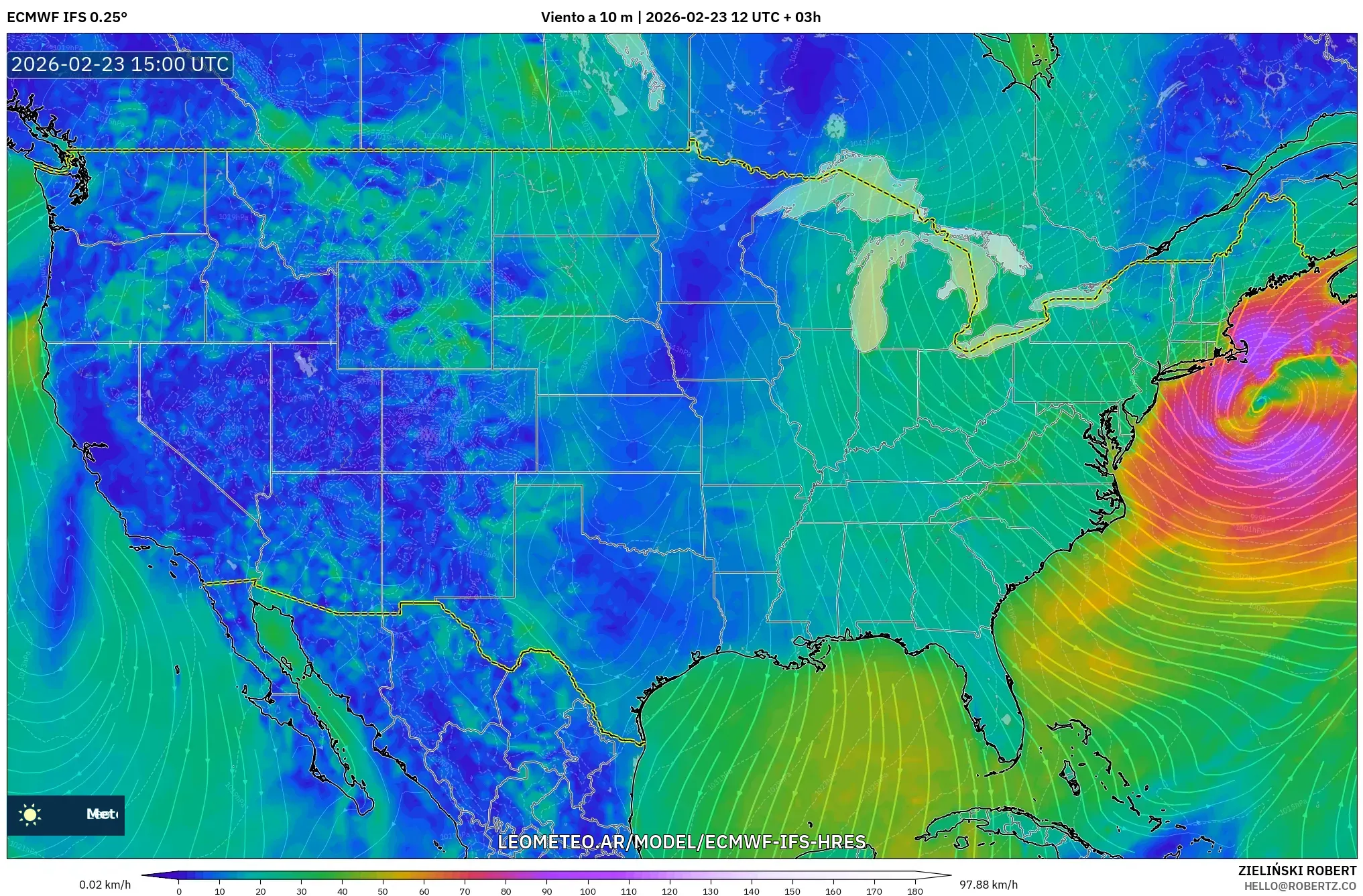 ECMWF IFS 0.25° model - Estados Unidos, Viento a 10 m