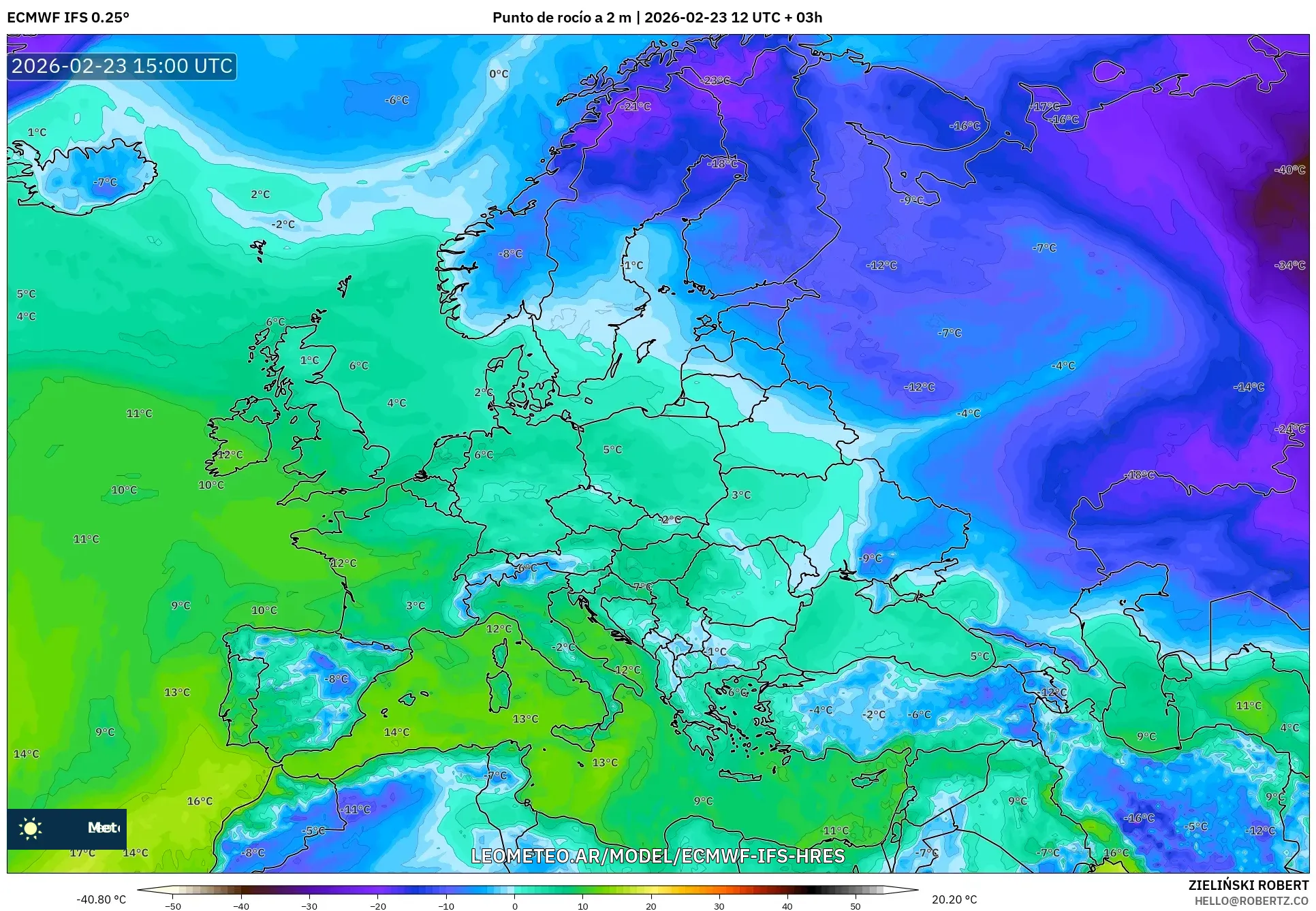 ECMWF IFS 0.25° model - Europa, Punto de rocío a 2 m