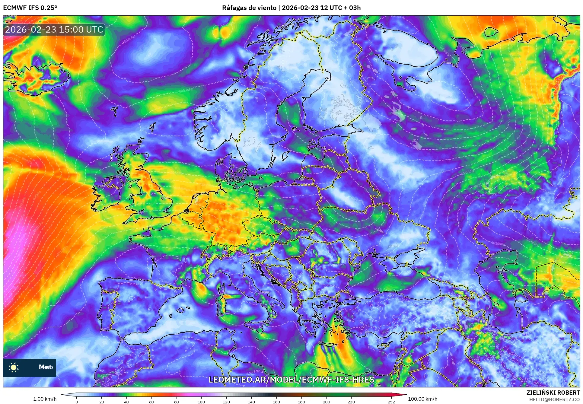 ECMWF IFS 0.25° model - Europa, Ráfagas de viento