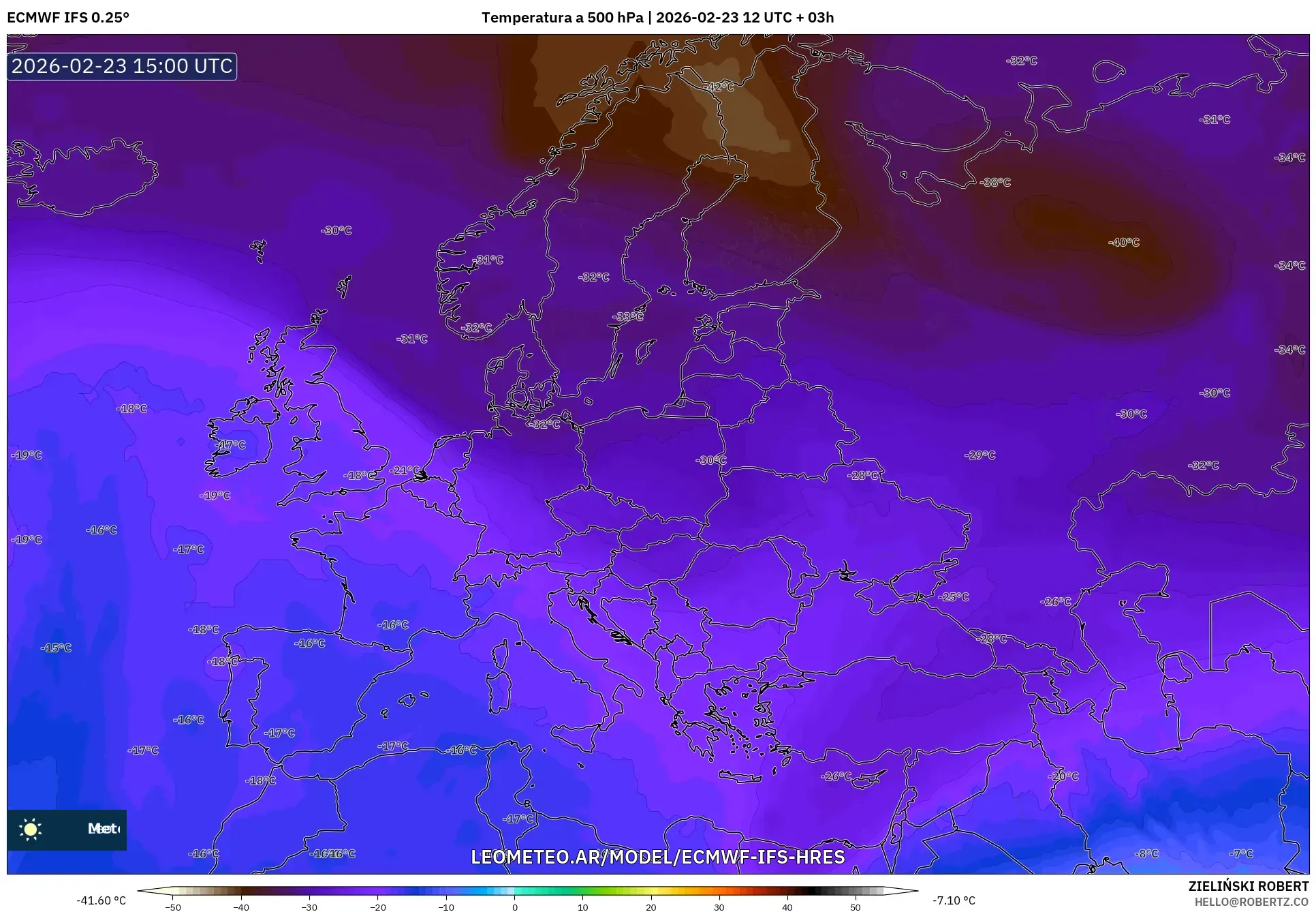 ECMWF IFS 0.25° model - Europa, Temperatura a 500 hPa