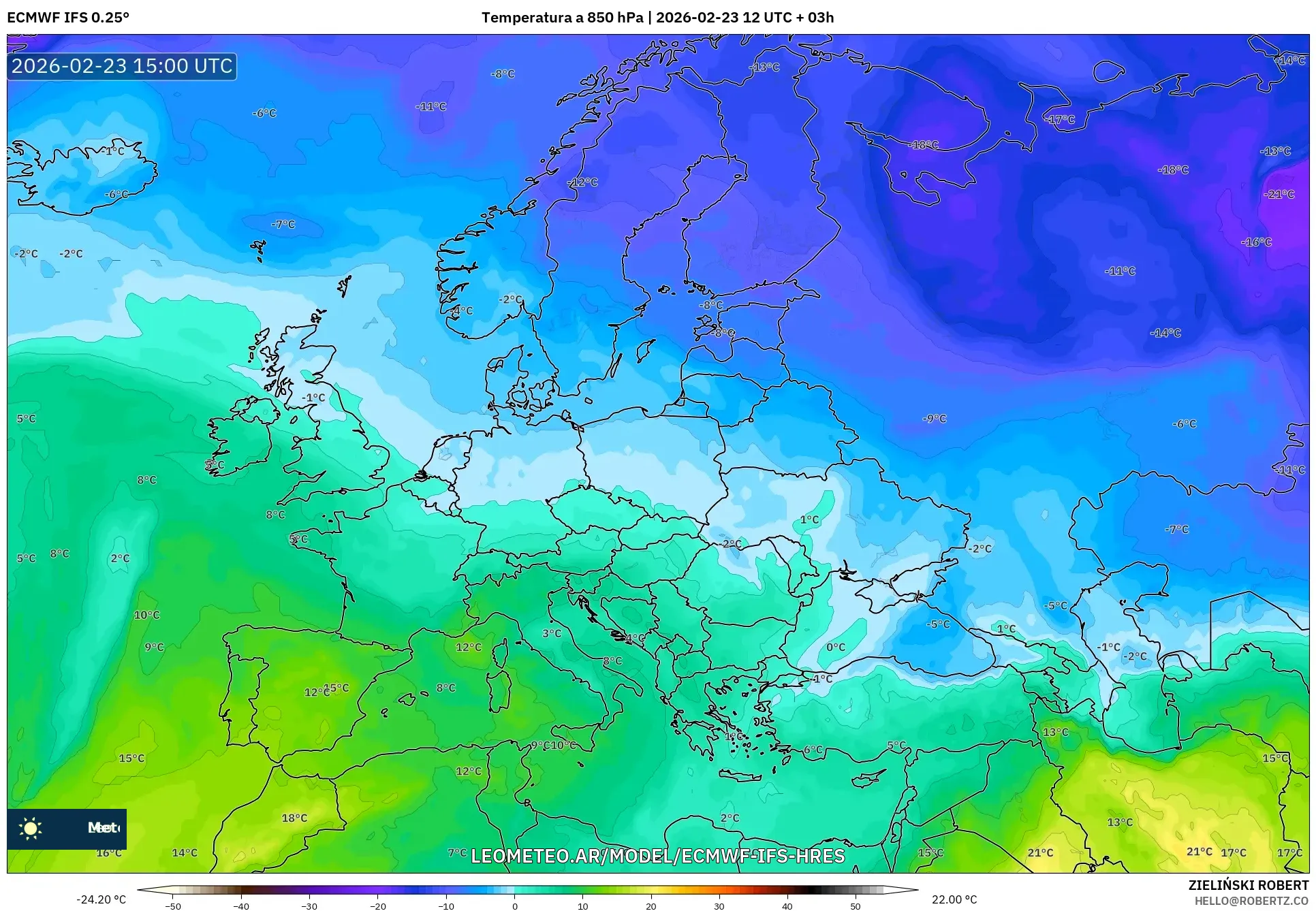 ECMWF IFS 0.25° model - Europa, Temperatura a 850 hPa