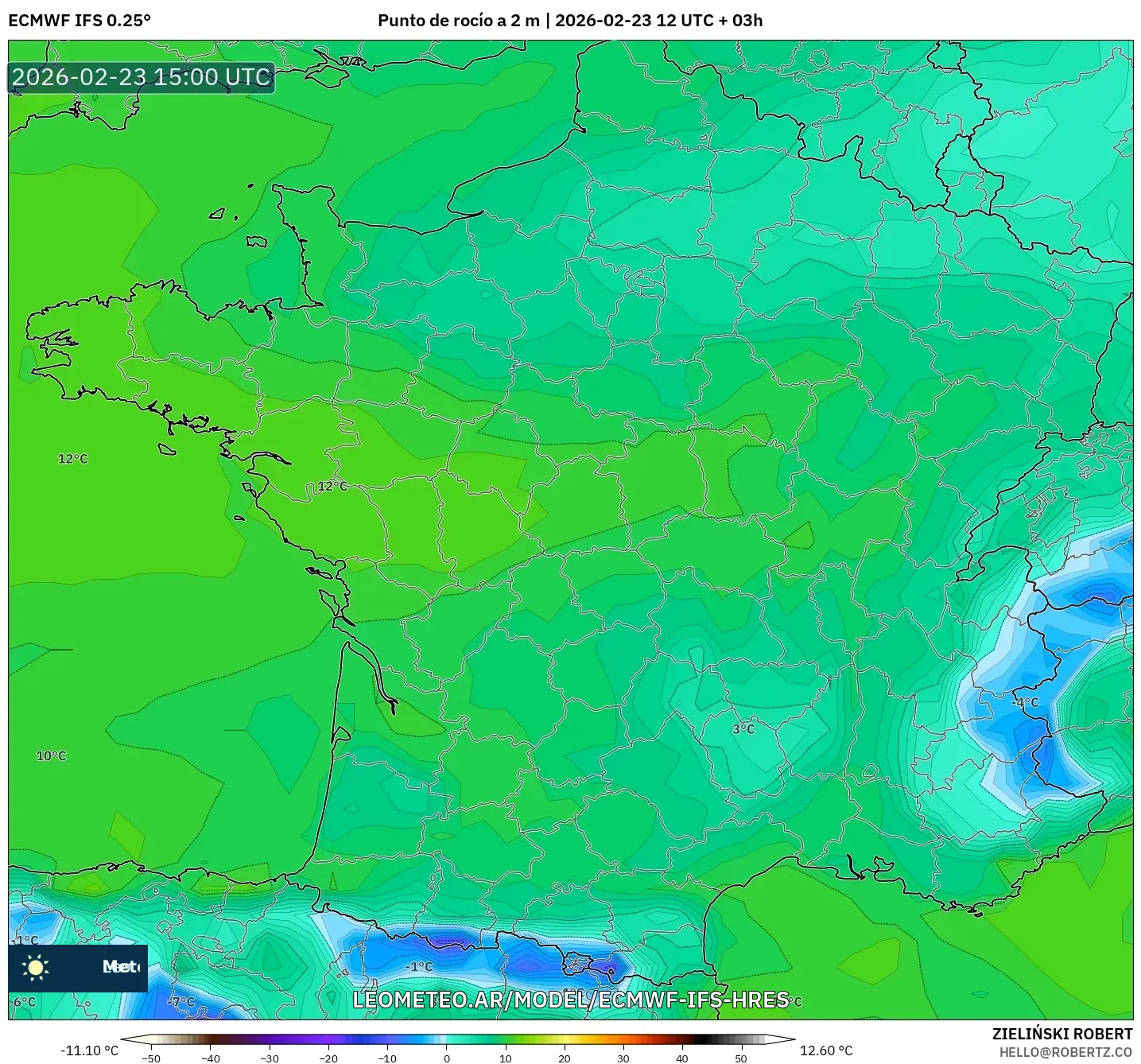 ECMWF IFS 0.25° model - Francia, Punto de rocío a 2 m