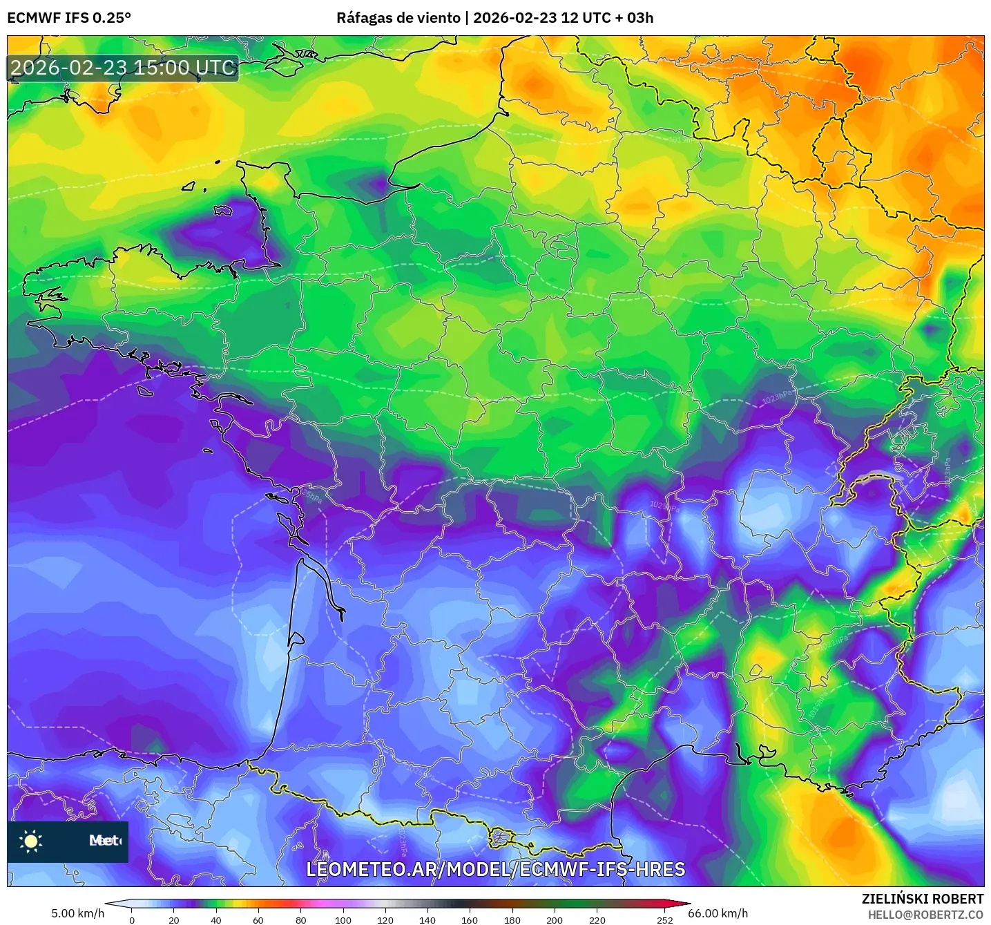 ECMWF IFS 0.25° model - Francia, Ráfagas de viento