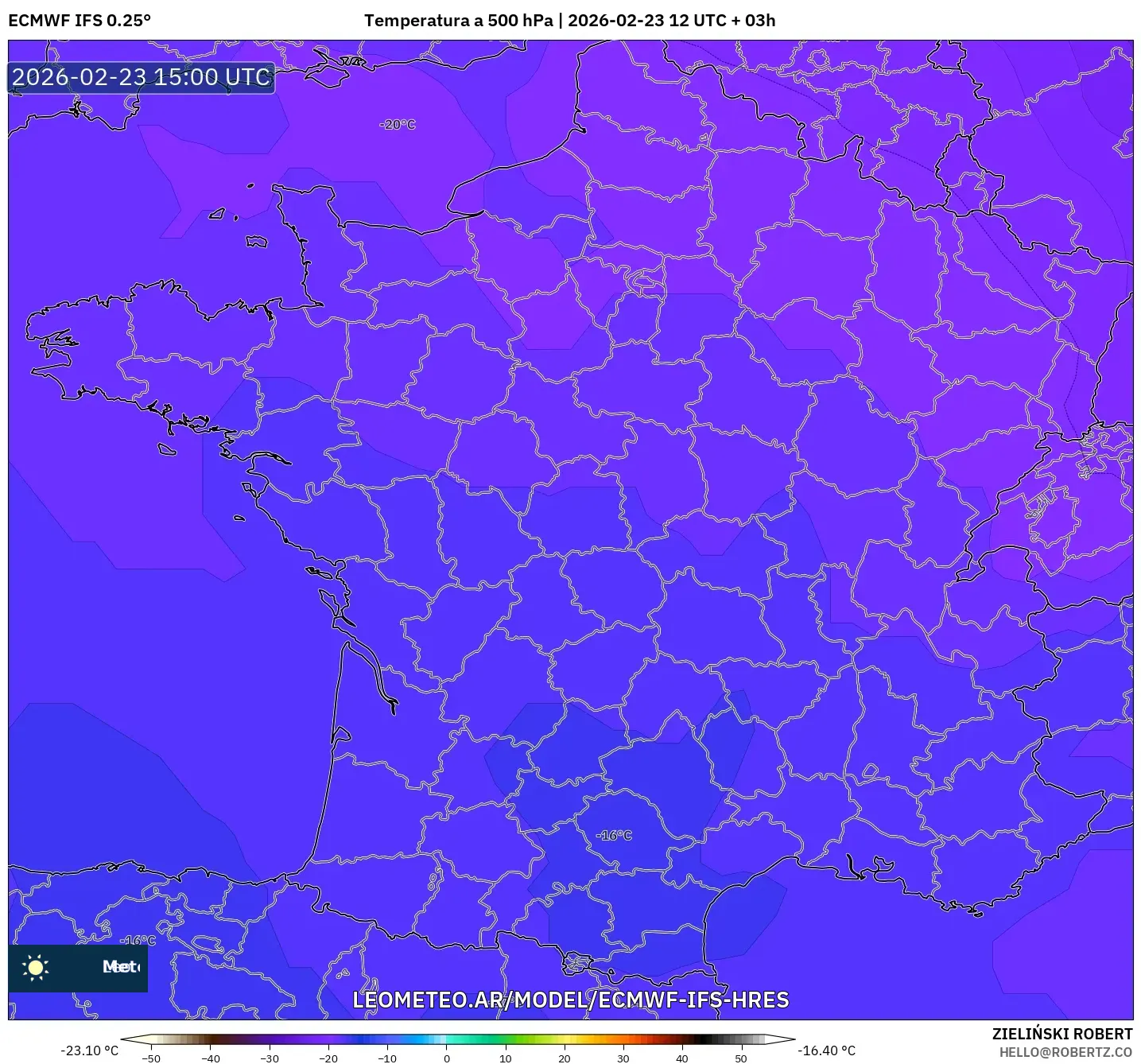 ECMWF IFS 0.25° model - Francia, Temperatura a 500 hPa