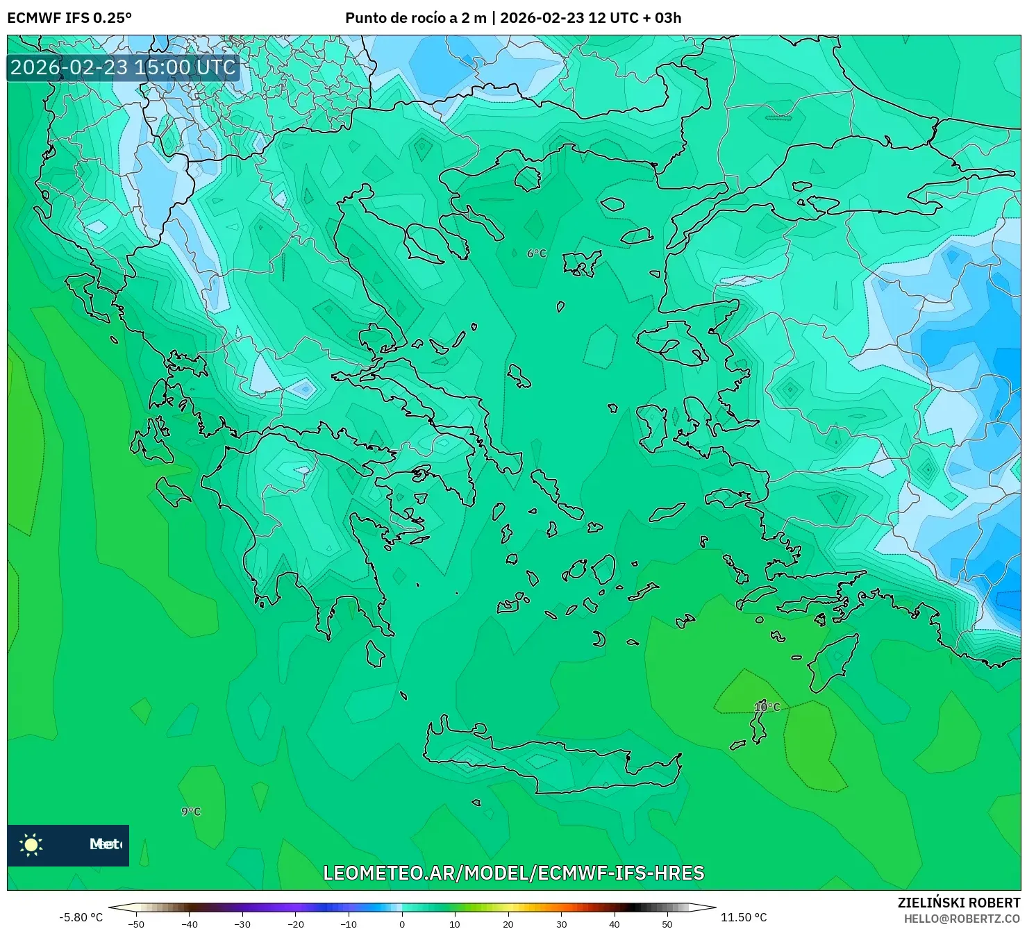 ECMWF IFS 0.25° model - Grecia, Punto de rocío a 2 m