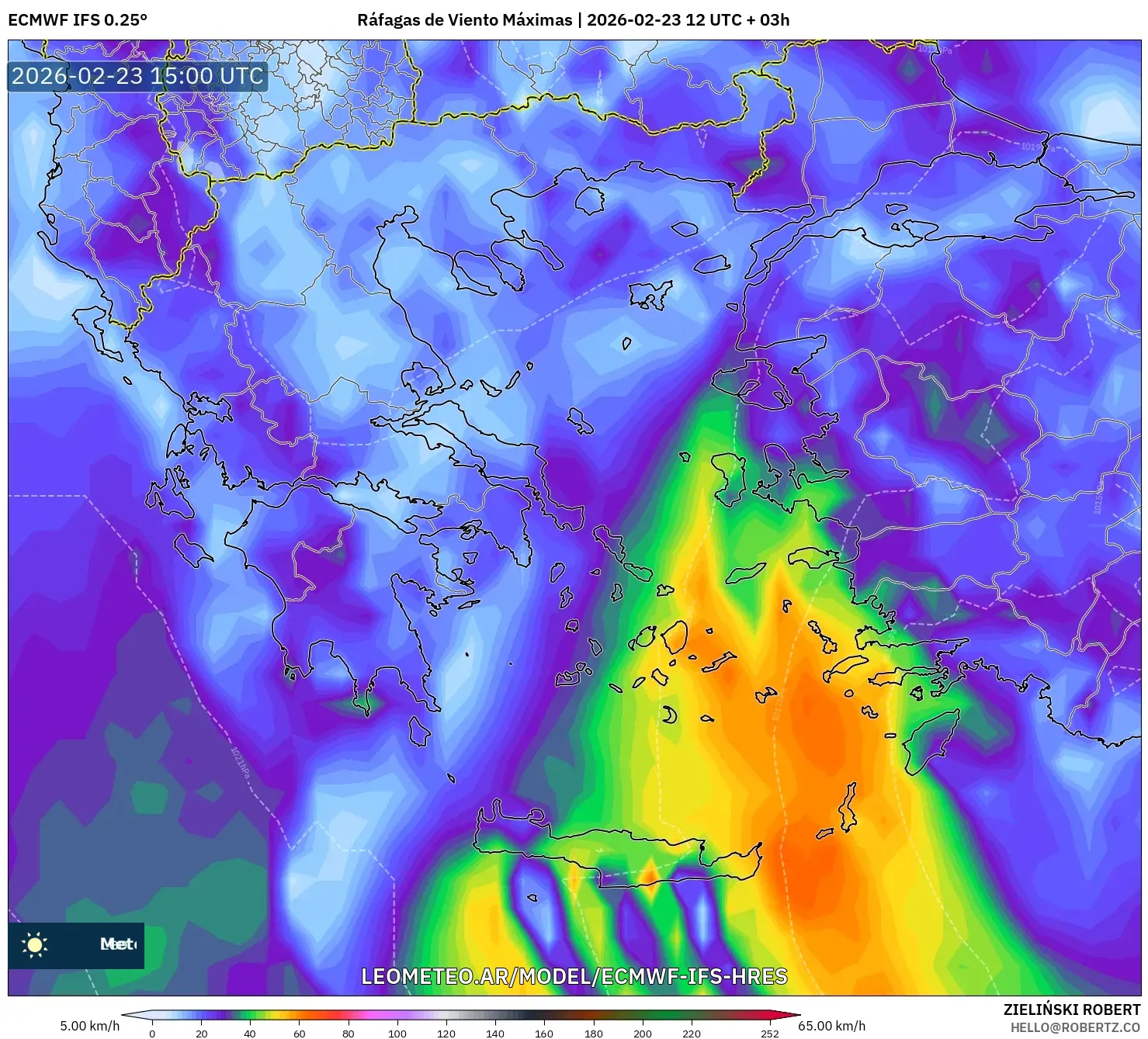 ECMWF IFS 0.25° model - Grecia, Ráfagas de Viento Máximas