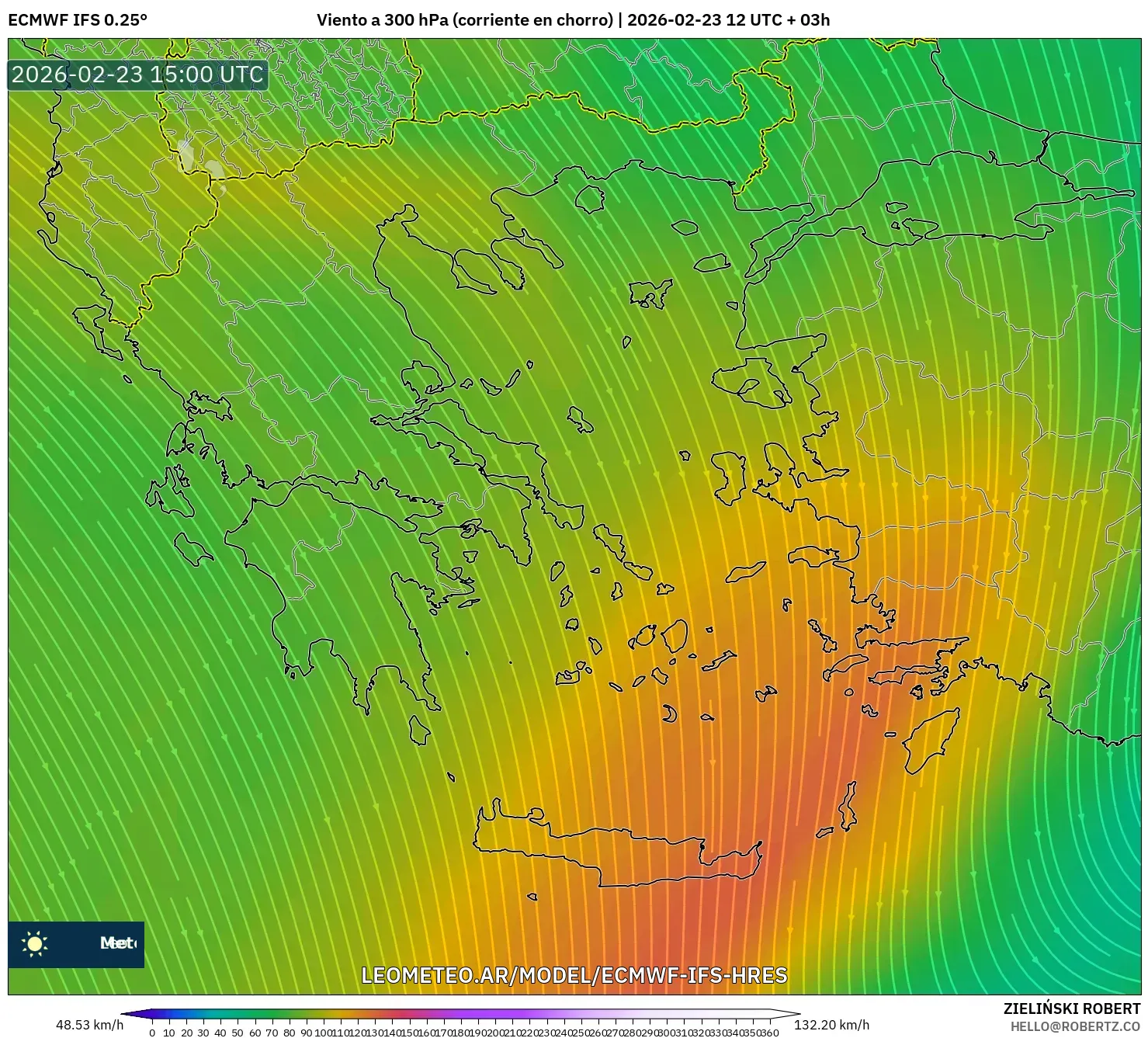 ECMWF IFS 0.25° model - Grecia, Viento a 300 hPa (corriente en chorro)