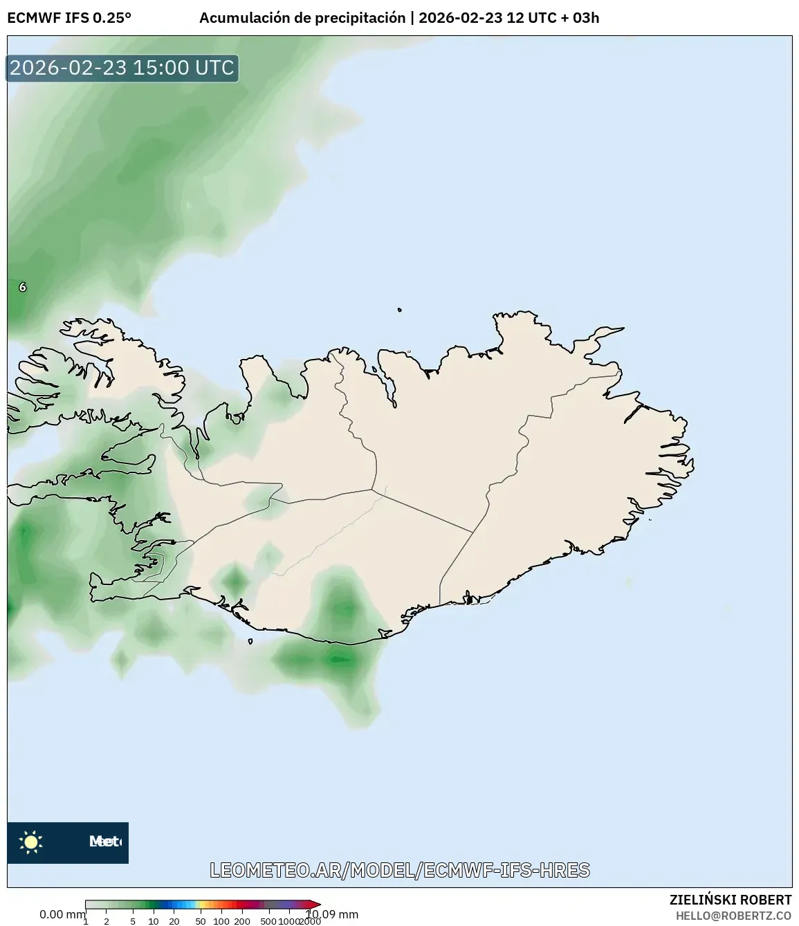 ECMWF IFS 0.25° model - Islandia, Acumulación de precipitación