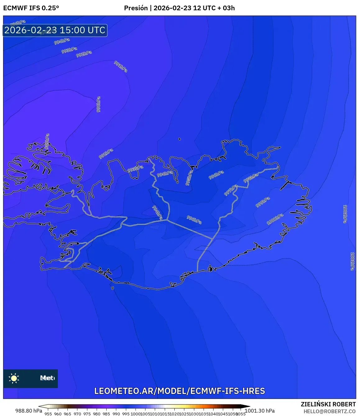ECMWF IFS 0.25° model - Islandia, Presión
