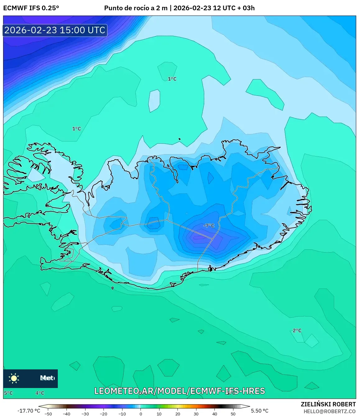ECMWF IFS 0.25° model - Islandia, Punto de rocío a 2 m