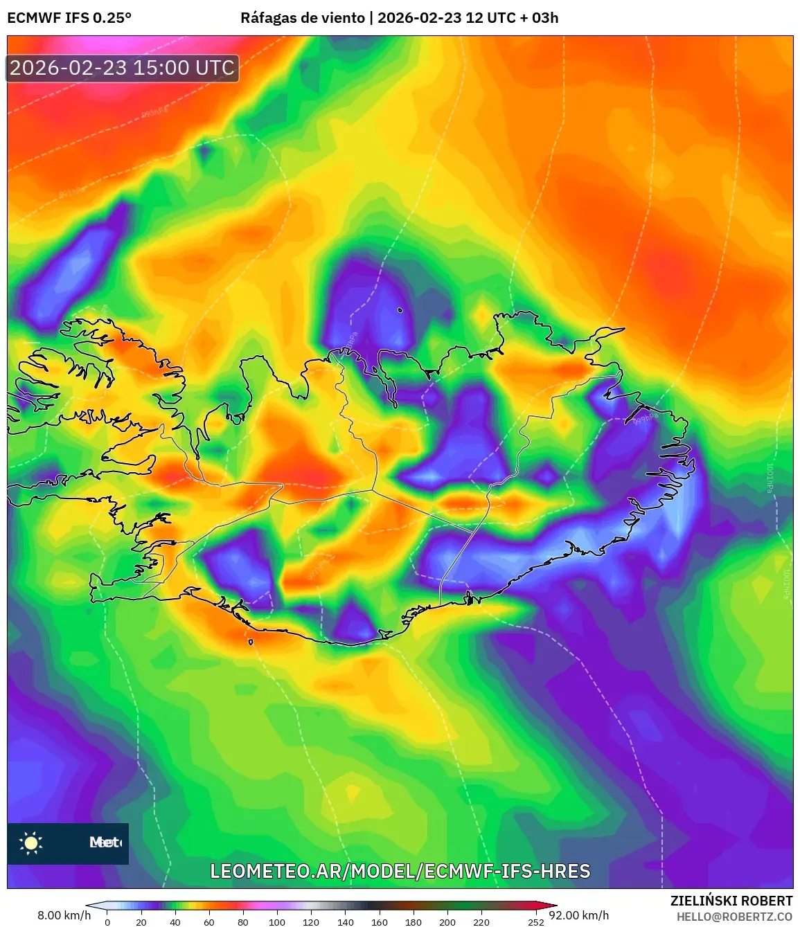 ECMWF IFS 0.25° model - Islandia, Ráfagas de viento